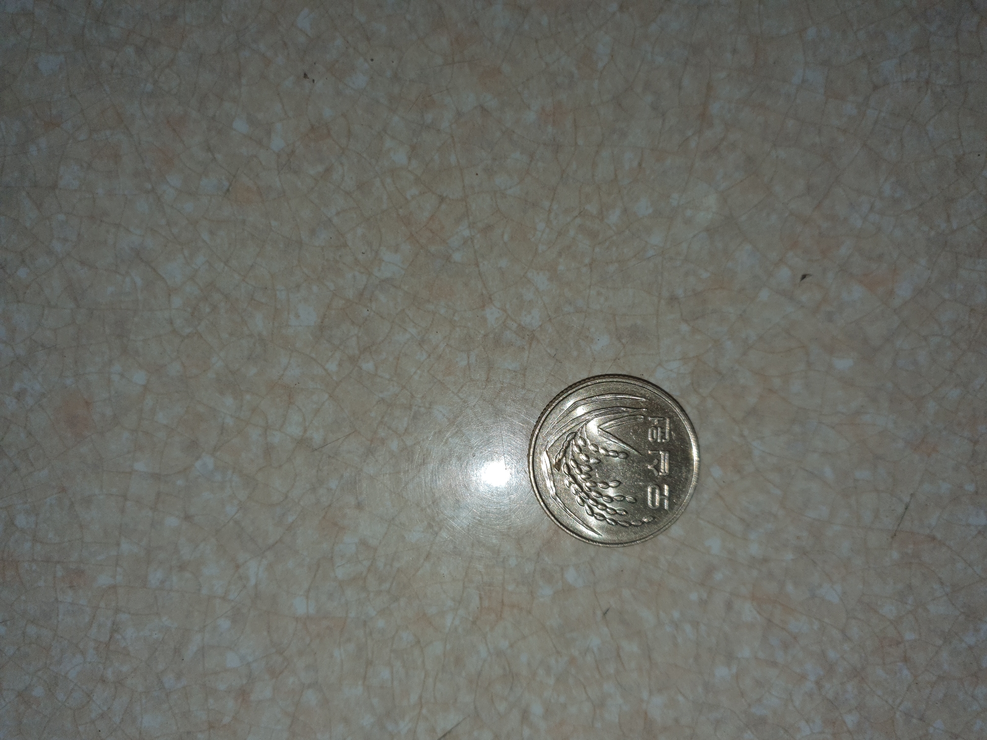 A close-up, high-angle shot captures a single coin resting on a beige, crackled surface. The coin, positioned in the lower left quadrant of the frame, is gold in color and features an embossed image of rice stalks on its obverse side. Below the rice stalks, Korean characters are visible. The surface beneath the coin appears to be a tiled countertop with a network of fine, dark cracks across its light beige background. A bright, circular reflection, likely from a light source, is visible in the upper center of the image.