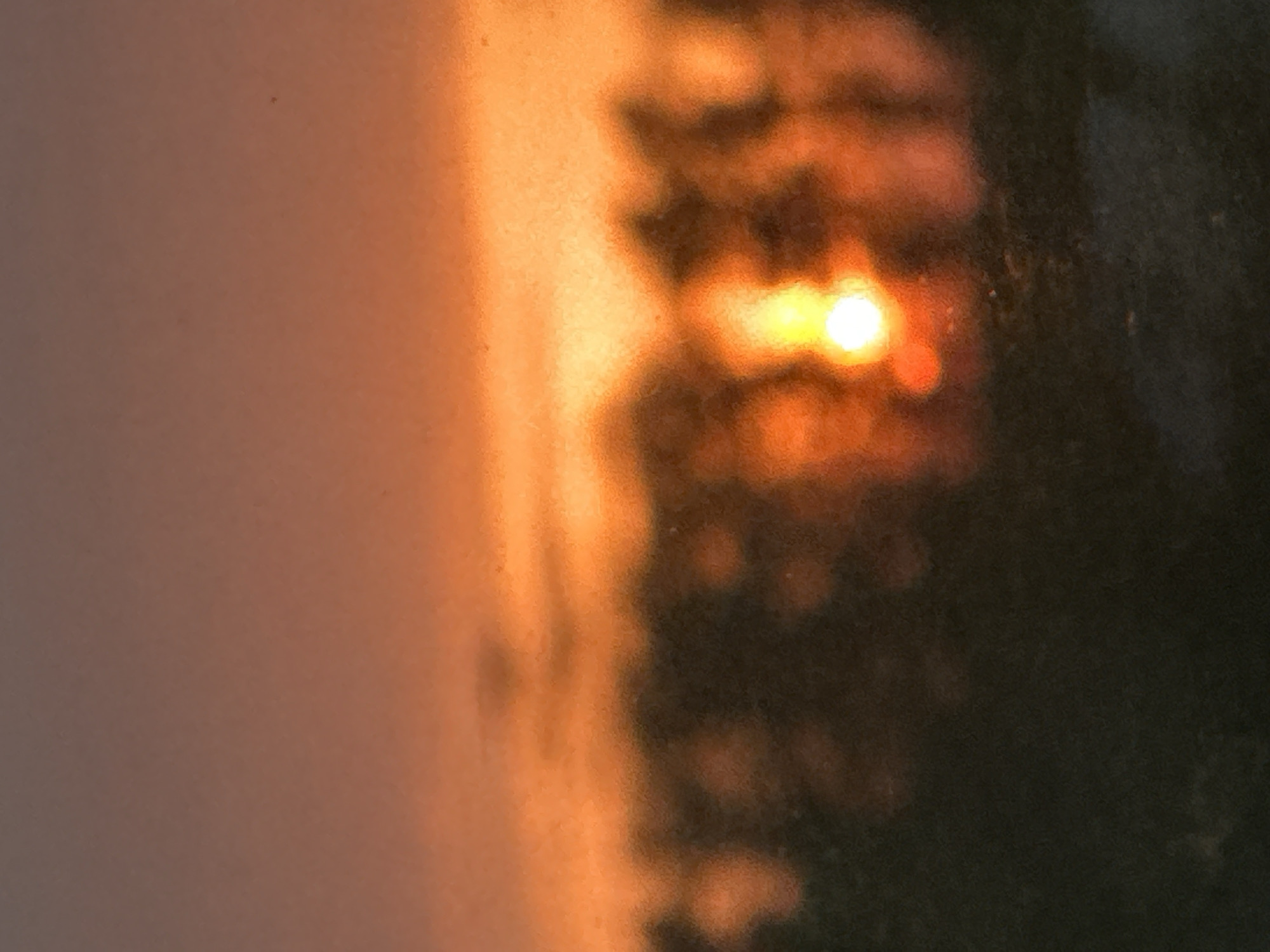 The image depicts a blurry scene of a sunset viewed through trees. The setting sun is visible as a bright orange-yellow spot partially obscured by the dark silhouettes of tree branches. The sky on the left side of the image transitions from a light pinkish-gray to orange as it nears the sun. There is no clear indication that this image was taken in Vladimir, Russia.