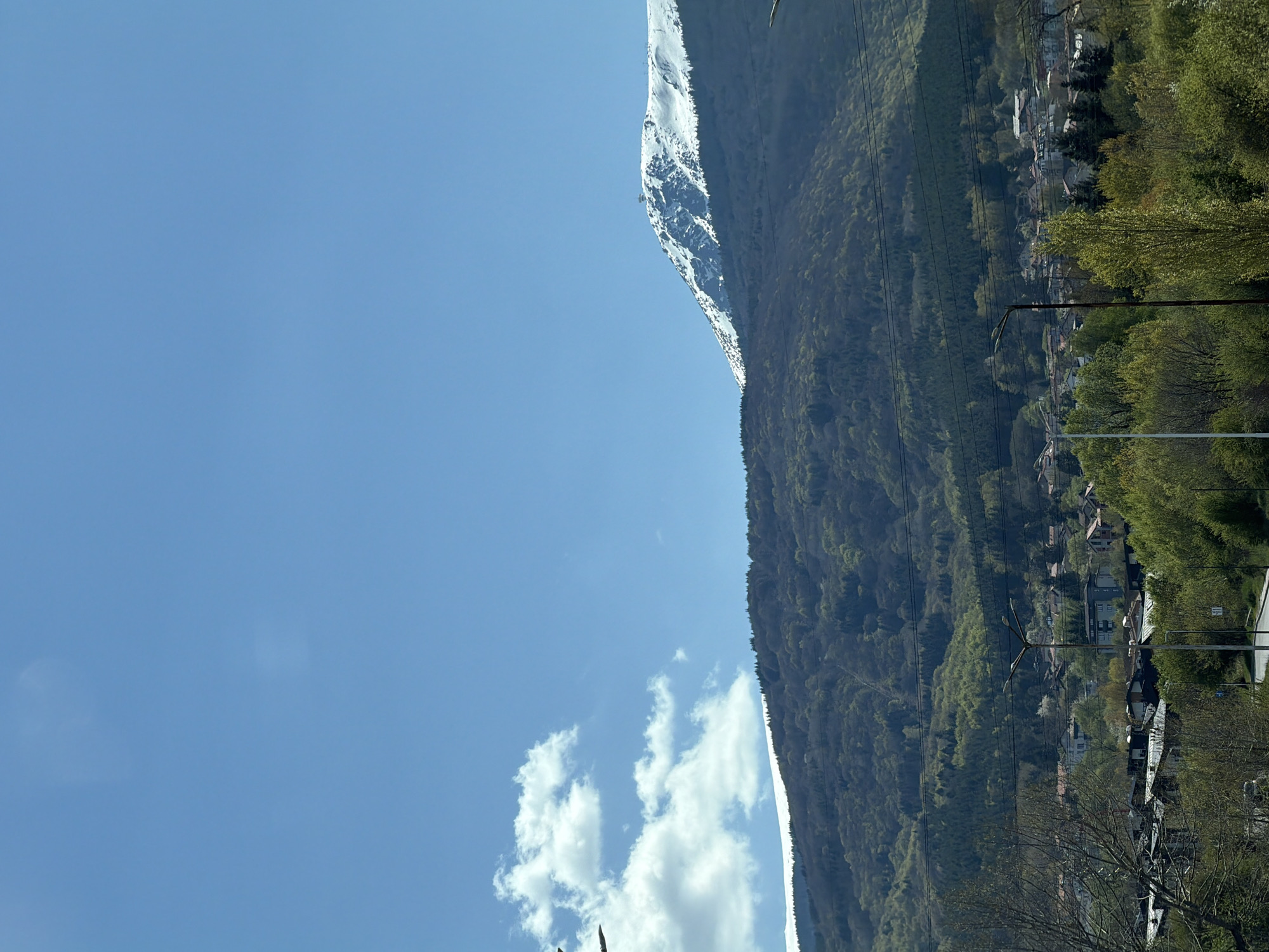 The original image is presented in a vertical orientation, rotated 90 degrees clockwise. Describing it as if correctly oriented, the photograph captures a panoramic daytime view of a mountainous landscape near Sofia, Bulgaria.
The scene is dominated by a majestic mountain range that extends across the right and central portions of the frame. Its upper peaks, particularly on the left side of the range, are distinctly snow-capped, suggesting higher altitudes or lingering winter conditions. Below the snow line, the mountain slopes are densely covered in vibrant green deciduous and coniferous trees, indicating either spring or early summer at these lower elevations.
The left side of the image features a wide expanse of clear, bright blue sky, with a few fluffy white cumulus clouds scattered towards the lower left. The overall lighting suggests a sunny day, likely morning or early afternoon.
At the base of the mountain, stretching across the midground and foreground on the right, lies a human settlement. Numerous houses and buildings are nestled among the green trees, with roads and utility infrastructure visible. Several dark utility poles and overhead power lines are prominent in the foreground and midground, running horizontally across the scene. While no specific activities or people are visible, the presence of the settlement indicates human habitation in this scenic environment. A close inspection of the snowy mountain in one of the provided crops reveals a small structure, possibly a station for a ski lift or an observation point, blending into the rugged terrain. There is no visible text in the image.
