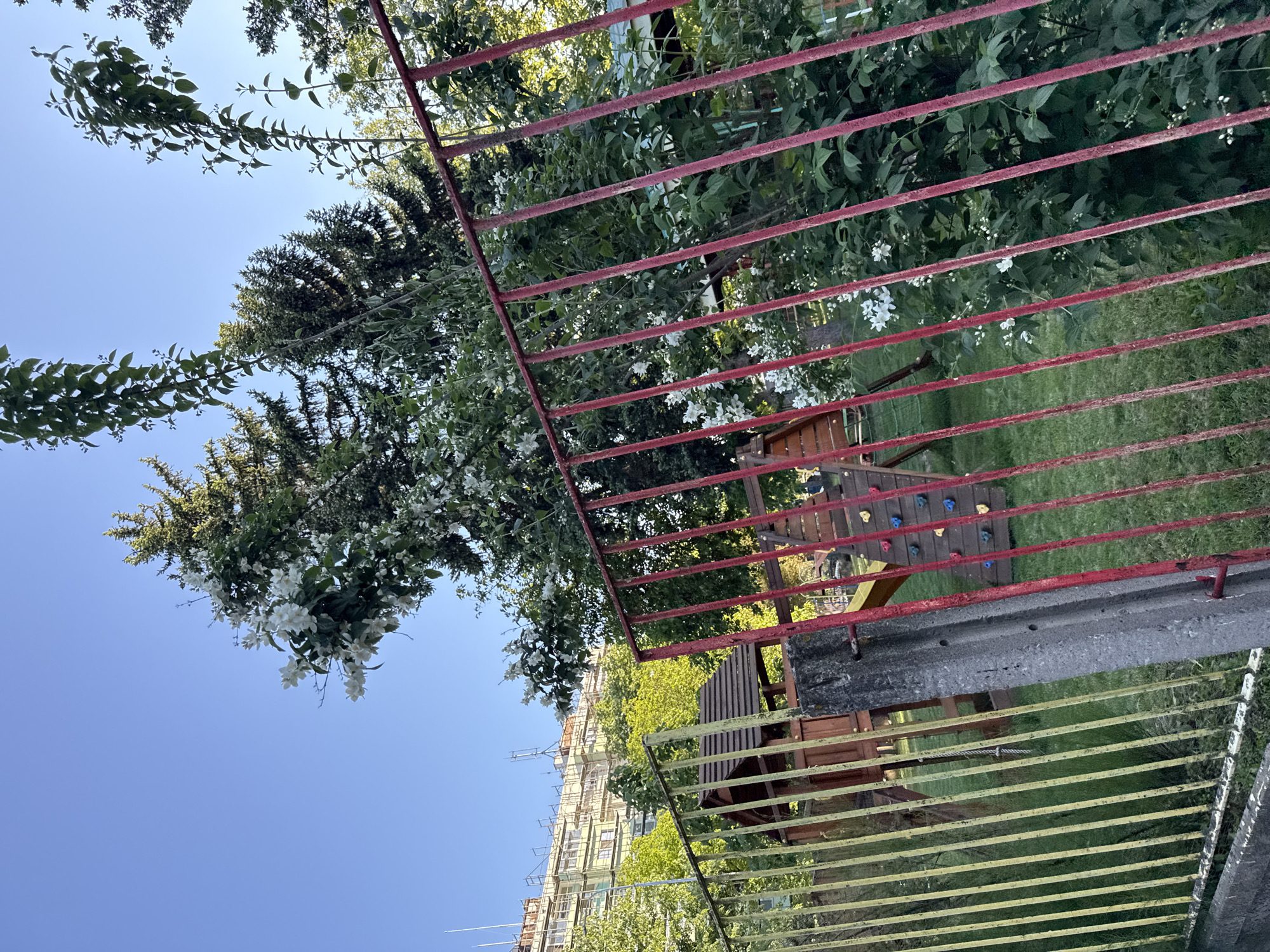 The image shows a playground in Lovech, Bulgaria. The view is through a weathered metal fence, painted red on top and yellow on the bottom. Behind the fence is a grassy area with playground equipment including a wooden climbing structure with colorful holds and a slide. Buildings are visible in the background, partially obscured by trees. The sky is blue and clear.