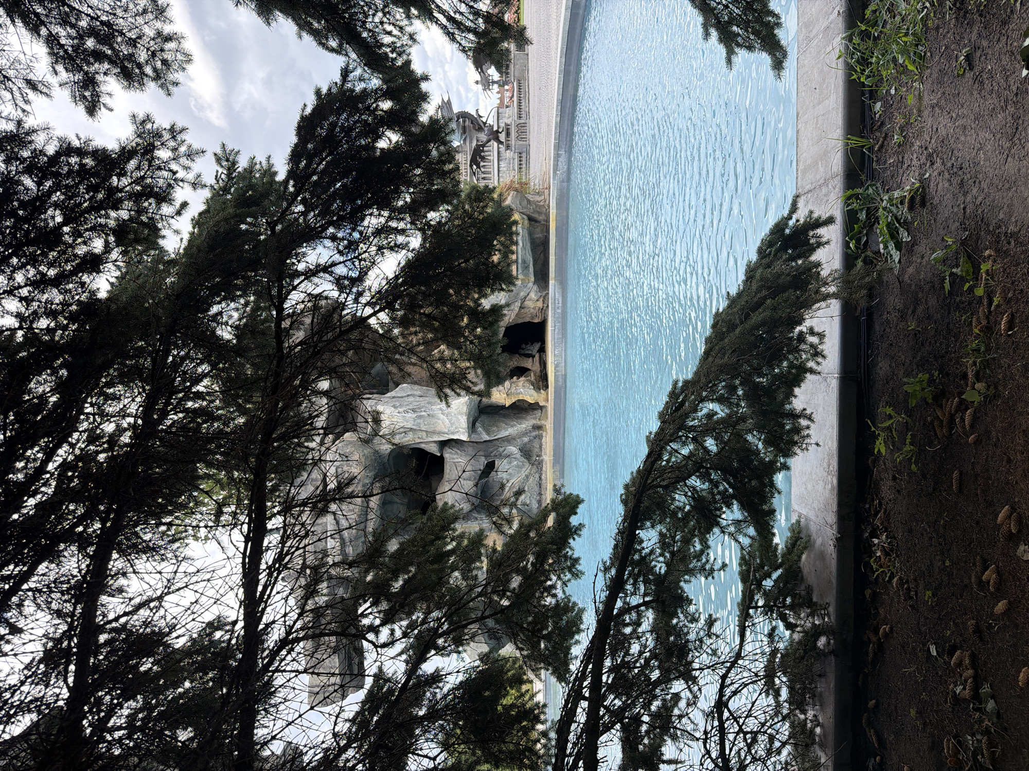 The image depicts a circular pool filled with clear blue water. In the background, a large, rocky structure resembling a cave is visible. Behind the rocky structure, a monument featuring a dragon is observed. The foreground of the image is partially obscured by the branches of dark green pine trees. The area surrounding the pool appears to be paved. The sky above is cloudy. The scene is located in the park area of the "Ritsa" amusement park in Khryashchevka, Russia.