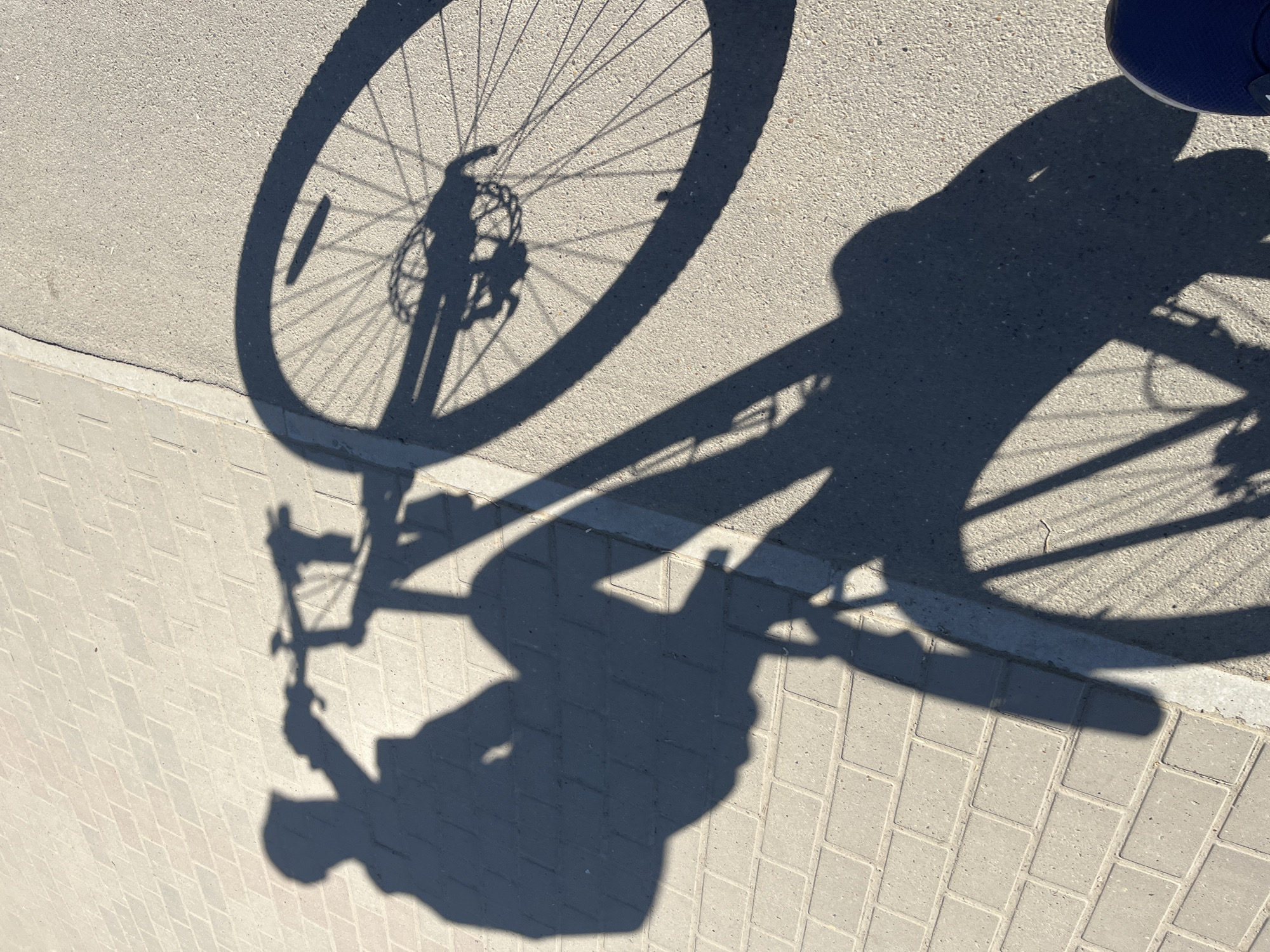 A shadow of a person riding a bicycle is cast on a paved surface. The shadow reveals the front and rear wheels of the bicycle, the frame, and the rider's silhouette. The pavement is composed of two sections: one is a smoother, grey concrete, and the other is made of rectangular pavers with a herringbone pattern. The location is likely a sidewalk or bike path, based on the paving materials. No specific landmark indicating Chaikovsky, Russia, is visible.
