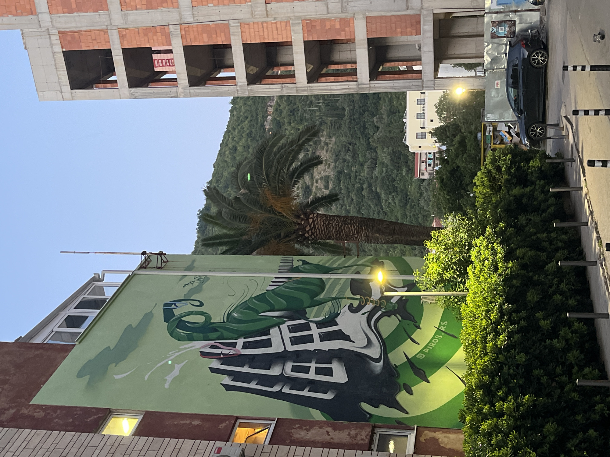 The image depicts a street scene in Budva, Montenegro, with a focus on a large mural on the side of a building. The mural, painted in shades of green and black, features a surreal depiction of a green, serpentine creature interacting with a distorted building structure. To the right of the mural, an unfinished multi-story building constructed of brick and concrete stands, its skeletal frame exposed. A palm tree is visible between the two buildings, with a lush green hedge lining the sidewalk in the foreground. A dark-colored car is parked on the street, and in the background, a verdant hillside dotted with trees rises, with a few distant buildings visible. The sky is a clear, pale blue, suggesting it is either early morning or late evening. The lighting indicates that streetlights are on, casting a yellow glow. A street sign with the text "PIROS.RS" is visible on the mural. The overall impression is one of urban development alongside natural landscape, with a prominent piece of street art.