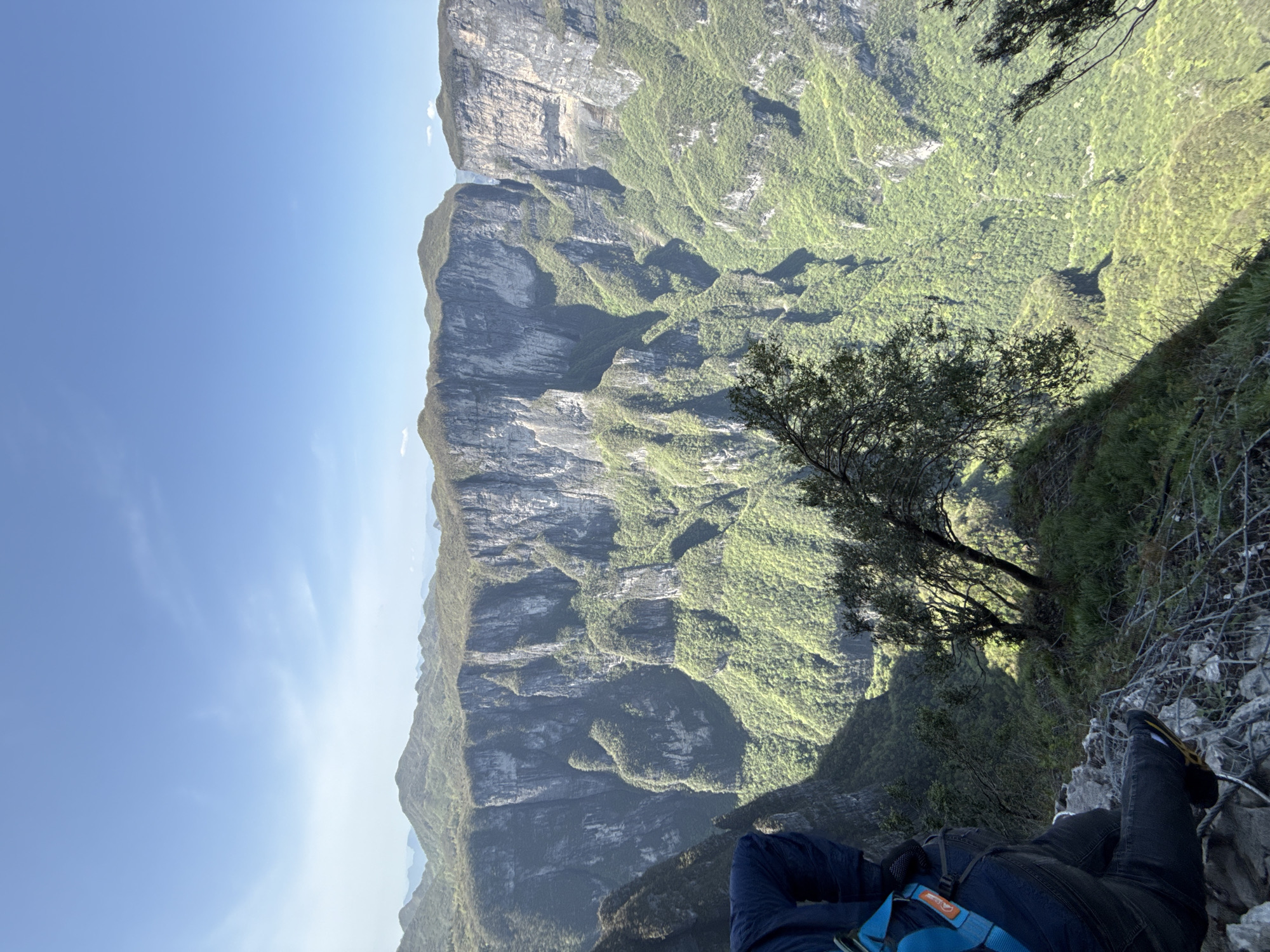 A high-angle, outdoor photograph depicts a person sitting on the edge of a cliff in the Yongding District, China. The subject, whose lower body is visible in the lower right corner of the frame, is wearing dark jeans, a blue backpack, and black shoes. The cliff face is covered in vegetation, with a small tree to the right of the frame. A deep valley stretches out below, with towering, layered mountains in the distance. The mountains are predominantly green with patches of gray rock. The sky is a clear, light blue. The scene is bathed in sunlight, creating shadows and highlighting the textures of the mountains and foliage.