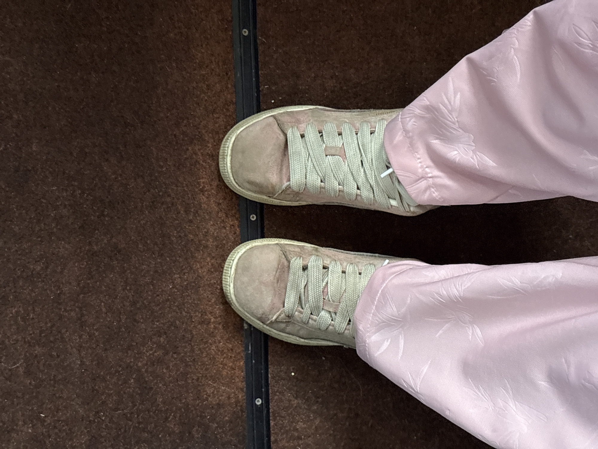 The image displays a high-angle, top-down view of a person's feet and lower legs, positioned on a dark brown, textured floor. The individual is wearing a pair of light brown or taupe-colored suede sneakers with matching laces and a textured white rubber toe cap and sole edge, showing signs of wear.
Above the sneakers, the person wears loose-fitting trousers made of a light pink, possibly satin or silk-like fabric. These trousers feature a subtle, embossed or embroidered pattern of thin, stylized leaves, resembling bamboo or similar foliage. The fabric is slightly gathered at the ankles.
The dark brown floor beneath the feet has a dense, carpet-like texture with faint flecks. A narrow, black metal strip, accented with small silver rivets, runs vertically between the two feet, suggesting a seam or a structural divider in the flooring. The overall setting appears to be indoors, potentially within a public transport vehicle or a commercial building in Прикамский, Russia. The person is in a stationary position, with no specific activity or emotions discernible. There is no visible text in the image.