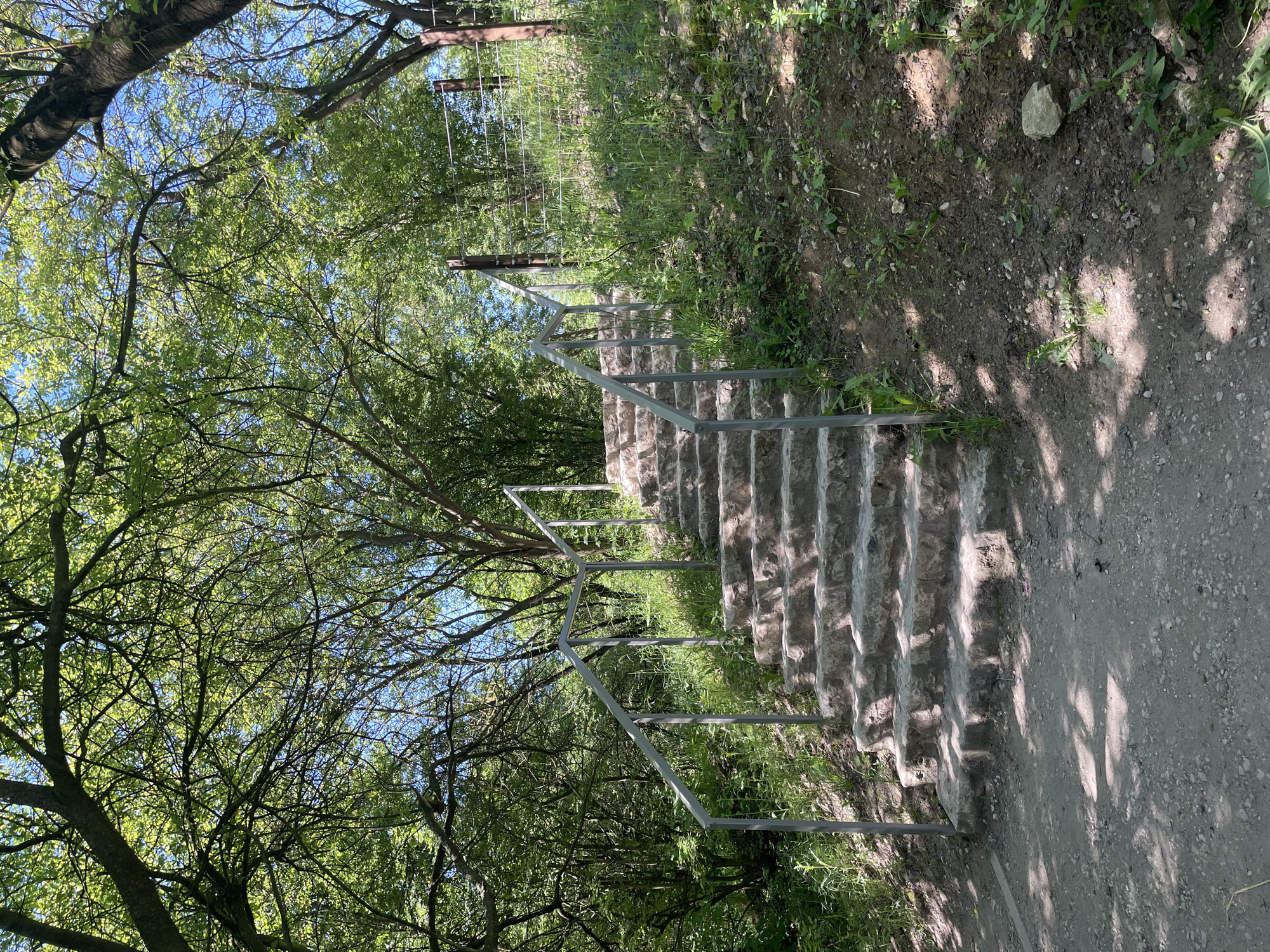 A staircase with gray metal railings ascends through a wooded area. The steps appear to be made of light gray stone, and the surrounding ground is a mix of dirt, grass, and small plants. The trees provide a dense canopy overhead, casting dappled shadows on the stairs and path. In the background, a metal gate or fence is visible at the top of the stairs. The location appears to be a natural or park-like setting. The location is in the city of Unknown, Unknown.