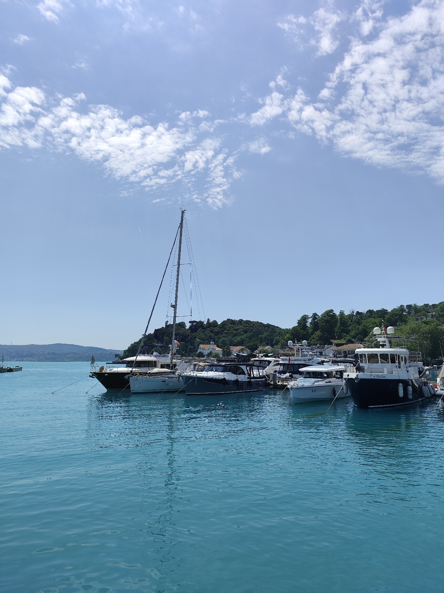 The image presents a serene and picturesque marina scene, likely in Sarıyer, Turkey, under a bright, clear sky. Numerous boats and yachts are moored along a lush, green, forested coastline, basking in the midday sun.
In the midground, a variety of vessels are docked. A prominent sailboat with a tall mast and intricate rigging stands towards the left, its dark hull visible. Alongside it, several motor yachts of different sizes and designs, featuring white, grey, and dark hulls, are secured with ropes. Visible text on the bow of a light-colored boat reads "B 10", while another distinct dark blue and white vessel on the far right clearly displays the name "GRAPPA" on its bow.
The water in the foreground and midground is a vibrant turquoise-blue, calm and clear, showing gentle ripples and reflections from the boats. The background features a verdant hillside densely covered with trees, with occasional white and light-colored buildings nestled among the foliage. In the distance to the left, a hazy outline of another landmass or hill suggests a wider waterway, possibly the Bosphorus.
The sky is a pale blue, adorned with scattered, fluffy white cumulus clouds, indicating excellent weather conditions. No specific human activity or individuals are prominently visible, contributing to the overall sense of tranquility and leisure. The scene portrays a peaceful coastal setting on a beautiful, sunny day.
