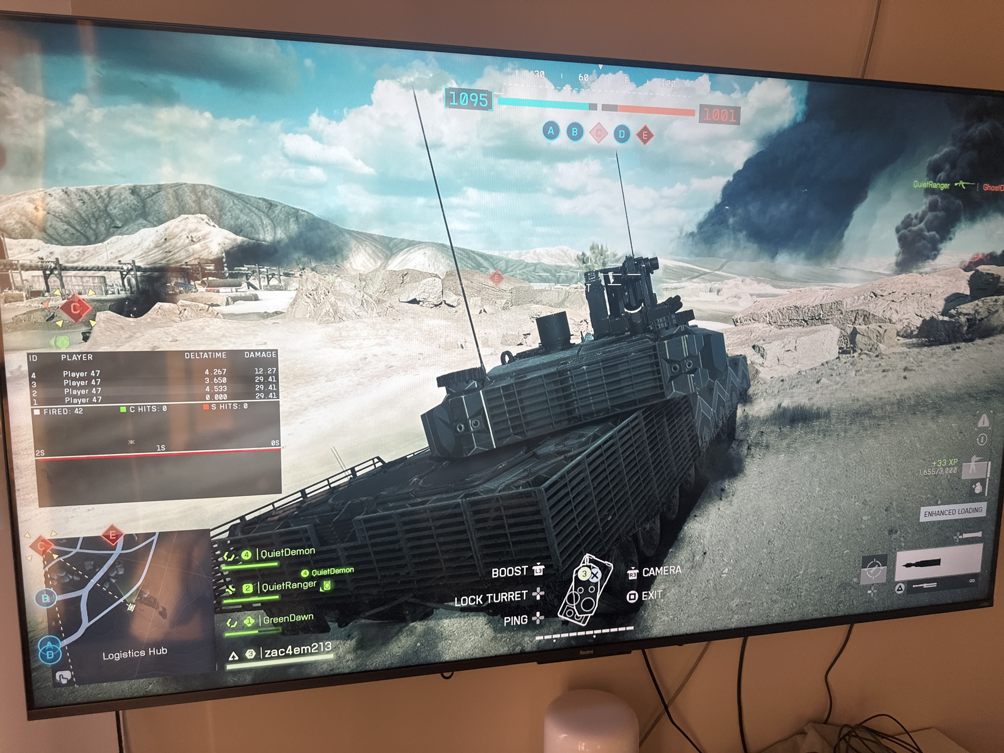 The image captures a television screen displaying a video game, taken in Moscow, Russia. The game appears to be a vehicular combat or first-person shooter set in an arid, mountainous desert environment. A large, dark armored tank is prominently featured in the foreground. In the distance, a massive, dark smoke plume rises on the right, suggesting a recent explosion or fire.
The game's user interface is visible throughout the screen. At the top, team scores show "1095" for the blue team and "1001" for the red team, along with objective markers "A, B, C, D, E." A combat log in the upper left displays "ID," "PLAYER" (repeatedly "Player 47"), "DELTATIME" (e.g., "4.267," "3.650," "4.533," "0.000"), and "DAMAGE" (e.g., "12.27," "29.41"). It also indicates "FIRED: 42," "C HITS: 0," and "S HITS: 0."
A mini-map in the bottom left shows various points and an area labeled "Logistics Hub." Player names like "QuietDemon," "QuietRanger," "GreenDawn," and "zac4em213" are listed below the map. Control prompts for the tank include "BOOST L3," "LOCK TURRET X," "PING X," "R3 CAMERA," and "O EXIT." Experience gain is displayed as "+33 XP" and "1,655/3,000," with an "ENHANCED LOADING" prompt. The television's bezel shows a "Redmi" brand logo at the bottom center. Cables are visible beneath the screen.