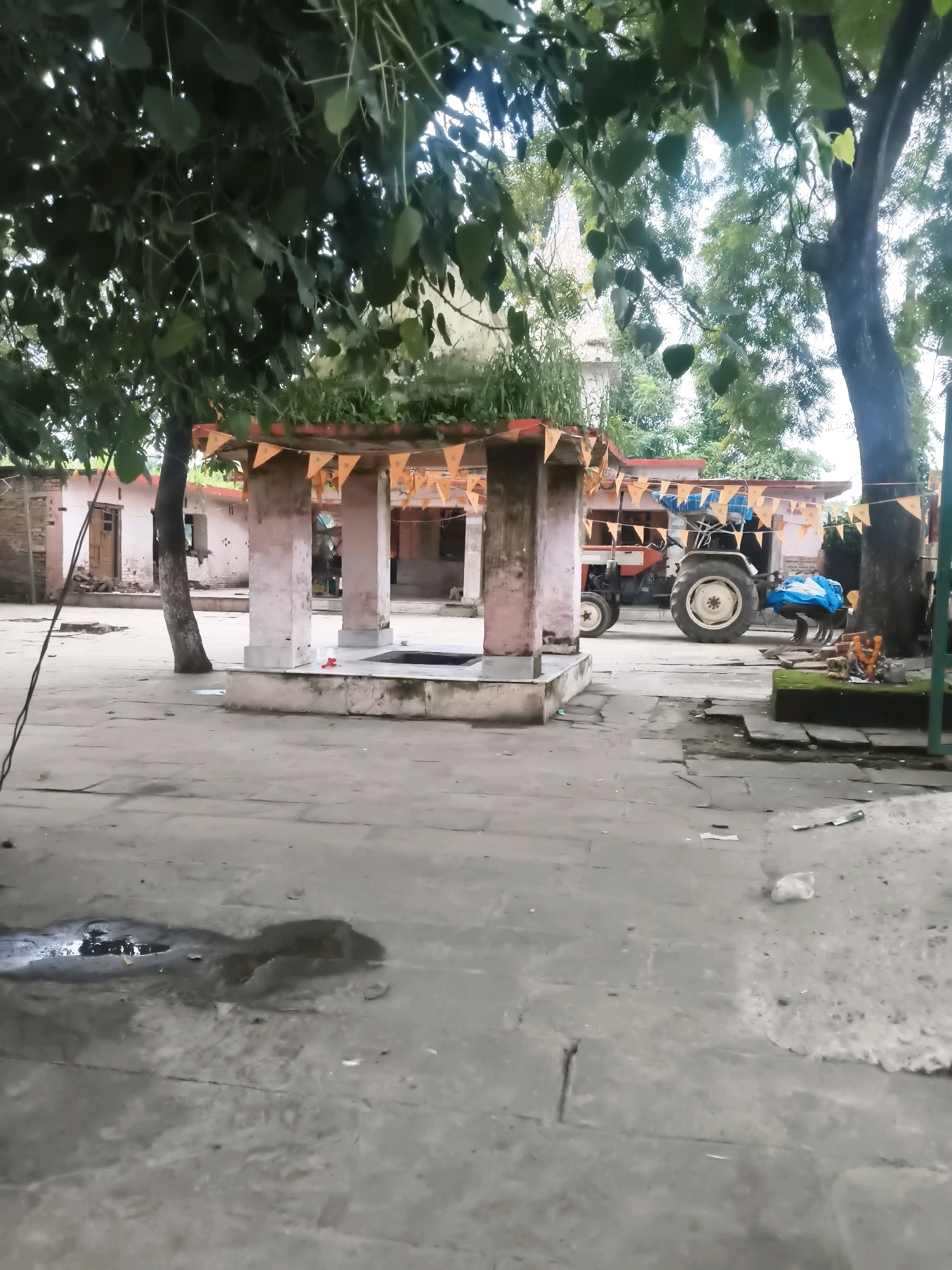 The image depicts an outdoor scene in Rajbaliya, India, featuring a courtyard area with a small, open-sided structure supported by pillars. The structure is decorated with small orange triangular flags. In the background, a red and white tractor is parked. Adjacent to the tractor, a blue tarp is draped over some objects. A large tree with prominent branches and green leaves is visible on the right side of the frame, casting shadows. Another tree trunk is positioned to the left of the central structure. The ground is paved with large, flat stones, and there are some puddles or wet patches on the surface. In the far background, a building with a brick facade and closed doors and windows is visible. The overall environment appears to be somewhat rustic, possibly a village or a less developed part of the city. There are no people clearly visible in the image.