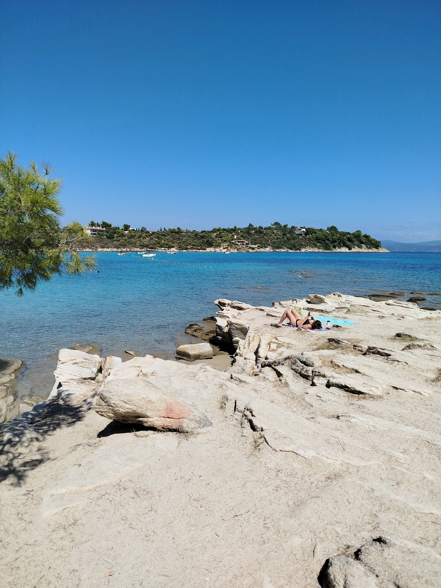 An aerial shot captures a serene beach scene on a clear day in Sithonia Municipal Unit, Greece. A woman is sunbathing on a rocky shore, clad in a black bikini. She lies on a blue towel, holding her phone. The crystal-clear turquoise waters of the Aegean Sea gently lap against the shore, which is dotted with large, light-colored rocks. In the distance, a lush green hillside covered in trees and dotted with houses slopes down to the sea. Several boats are anchored in the bay, and the sky above is a vibrant, cloudless blue. A pine tree branch overhangs the left side of the frame, casting a shadow on the sand.