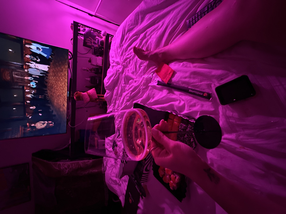 The image depicts a first-person view of an individual relaxing in a bedroom under magenta ambient lighting. The person's left hand, featuring a tattoo on the forearm, holds a large stemmed wine glass filled with a clear beverage. A black circular coaster is visible below the glass. On the light-colored, rumpled bedding to the left, two black rectangular containers hold sushi rolls. A black chopstick wrapper labeled "ФАКТОРИЯ" (Faktoriya) and an orange packet are situated next to the sushi. A dark-colored smartphone lies face down on the bed. A person's left leg and foot are visible resting on the bed, with a black remote control partially seen nearby. In the background, a flat-screen television displays a scene with approximately 10-12 individuals, predominantly women in formal attire, standing in a semi-circle within an ornate, dimly lit interior. The television is mounted above a shelf containing various objects, including a small pink doll. The presence of "ФАКТОРИЯ" on the chopstick wrapper identifies the location as Moscow, Russia.