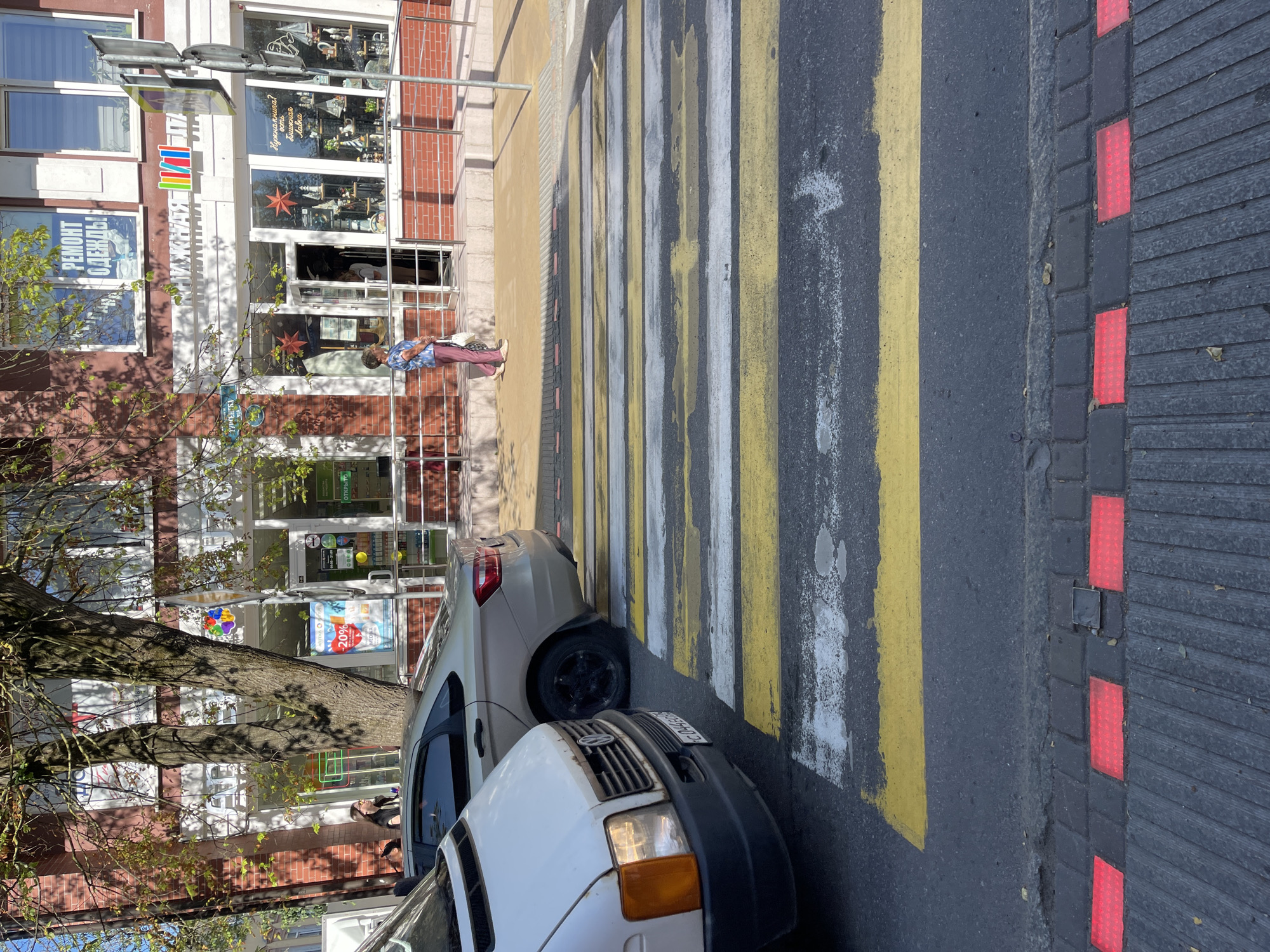 A street scene in Zelenogradsk, Russia, features a pedestrian crosswalk with yellow and white stripes, bordered by red reflective markers. Two cars, a light-colored sedan and a white van, are parked on the side of the road, partially obscuring the view of a brick building with storefronts. The building has large windows displaying various items, and one sign reads "РЕМОНТ ОДЕЖДЫ" (Clothing Repair). A person in a blue and white plaid shirt and brown pants is walking across the crosswalk. Sunlight suggests it is daytime, and the leaves on the trees indicate a warm season, likely spring or summer. The overall atmosphere is that of a typical urban street.