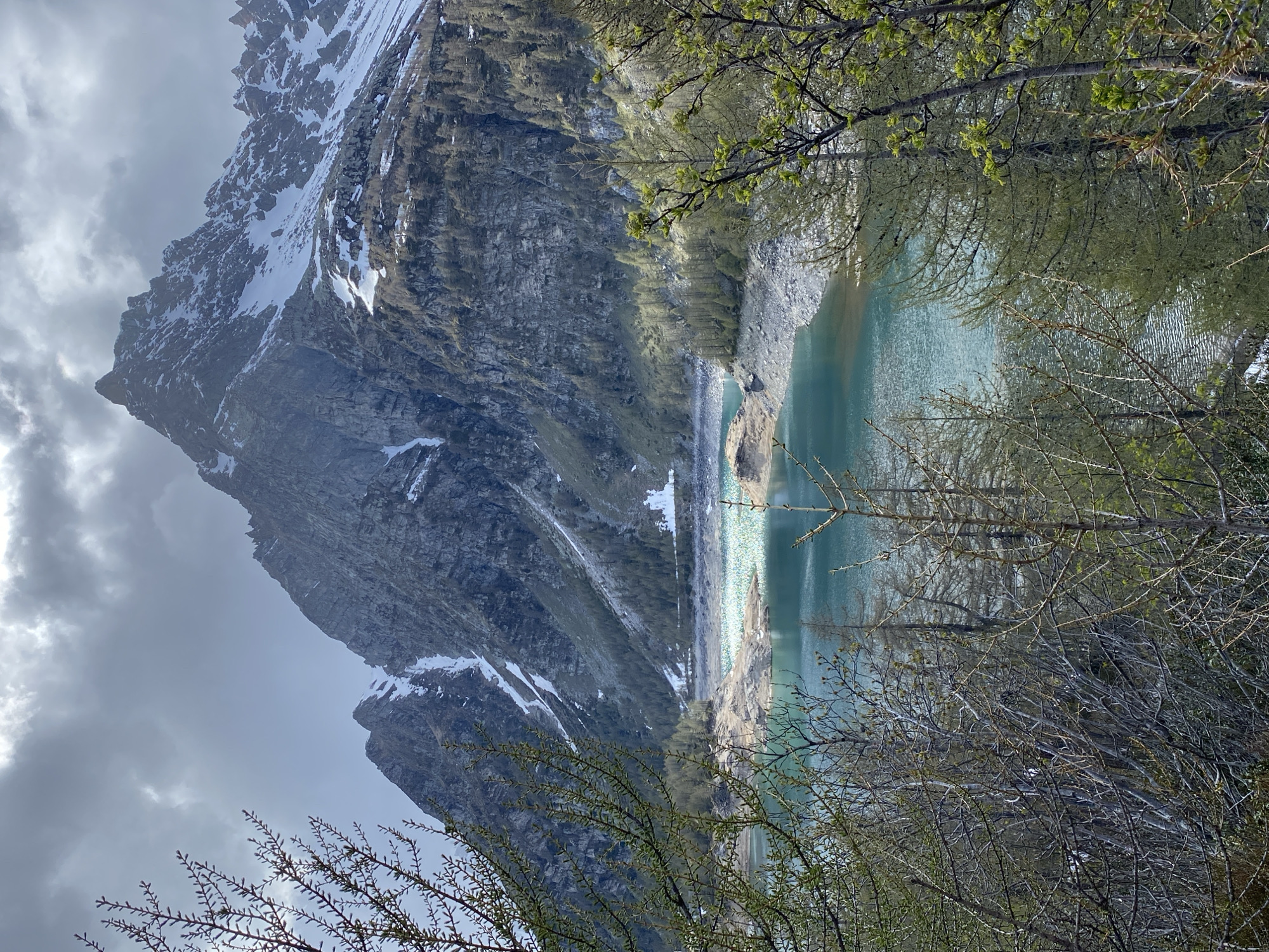 The image depicts a scenic view of Lago Agaro in Baceno, Italy, in an outdoor setting. A portion of the lake is visible, its surface displaying a subtle shimmering effect. The water's hue is a light blue-green. Adjacent to the lake, a steep mountain rises, its upper reaches partly covered in snow and gray rock. Patches of trees cover sections of the mountain. In the foreground, branches of bare trees with new spring leaves are partially obstructing the view, creating a frame around the landscape. The sky is overcast with gray clouds. The overall impression is of a tranquil, slightly cool, mountainous landscape.