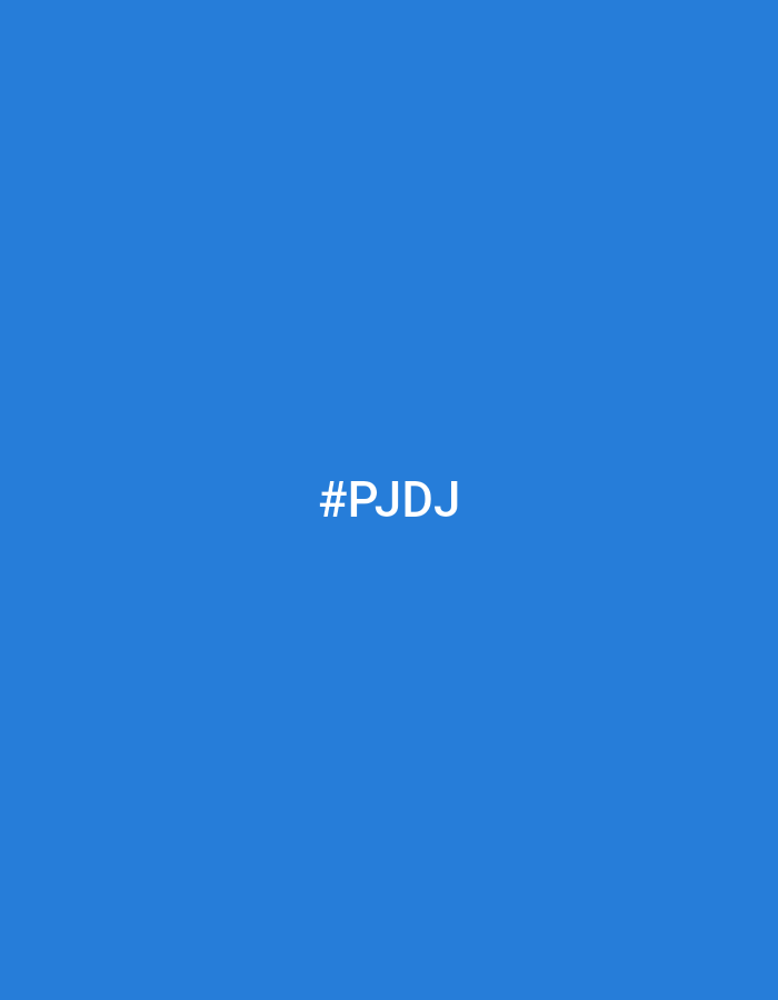 The image features a solid, vibrant blue background devoid of any discernible objects, people, or scenery. Centered on this blue field is the white text "#PJDJ". The text is rendered in a clear, sans-serif font. There is no activity or event taking place. The overall impression is minimalist, focusing solely on the color and the alphanumeric identifier. No specific time of day, weather conditions, or location cues are present.