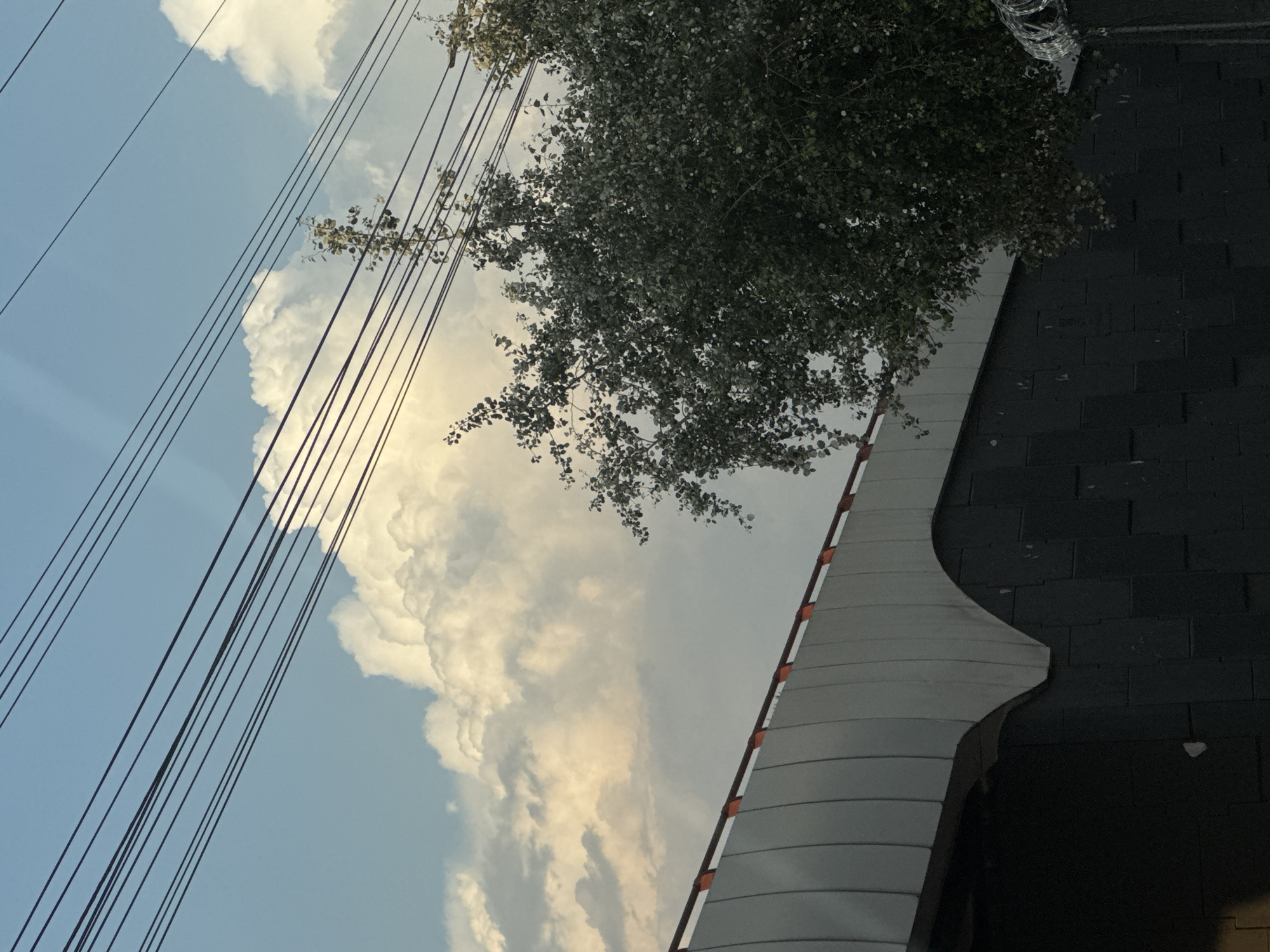 The image captures a partly cloudy sky, possibly in the late afternoon or early morning due to the soft light. Power lines cut across the left side of the frame, contrasting with the fluffy white cumulus clouds in the background. To the right, foliage of a tree intrudes into the scene, casting shadows on a building. The building appears to have a distinct architectural feature, with a curved section separating a light-colored, paneled facade from a dark, brick wall. Based on the architecture style and the prevalent brickwork, this is likely a building in Puebla, Mexico. No people are visible in the frame. The overall scene suggests a quiet residential area with a mix of natural and urban elements.