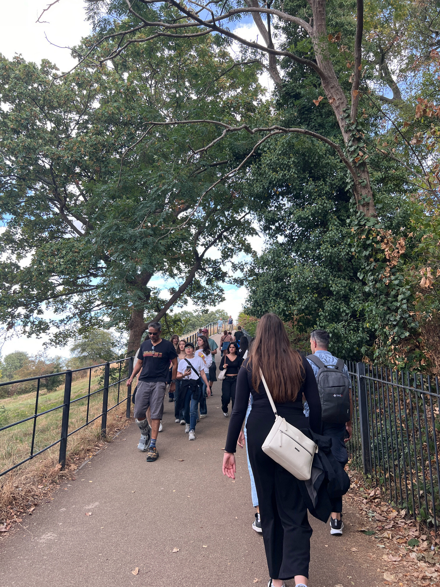This is a medium-shot, eye-level, outdoor photograph taken on a paved pathway. A group of people, appearing to be tourists, are walking away from the camera along the path. They are positioned centrally and slightly to the right. In the foreground, a woman with long, dark brown hair is walking away from the camera, wearing a black long-sleeved top and black trousers, with a cream-colored crossbody bag. To her right and slightly behind her, a man with short, dark hair and a blue patterned shirt is walking, wearing a black backpack. Further ahead, other individuals are visible, including a man in the mid-ground wearing a black t-shirt, grey shorts, and a medical boot on his left leg. The pathway is bordered by a black metal railing on the left, with a grassy slope beyond. On the right, the railing continues, with dense foliage and trees forming the background. The trees are large and leafy, with some branches extending over the pathway, and the sky is visible through gaps in the canopy. The scene suggests an autumnal or late summer setting due to the dry leaves on the ground. Based on the presence of the Blackheath area and the type of trees and foliage, it is likely this photograph was taken in Greenwich Park, London, United Kingdom, possibly near the viewpoint overlooking the city.