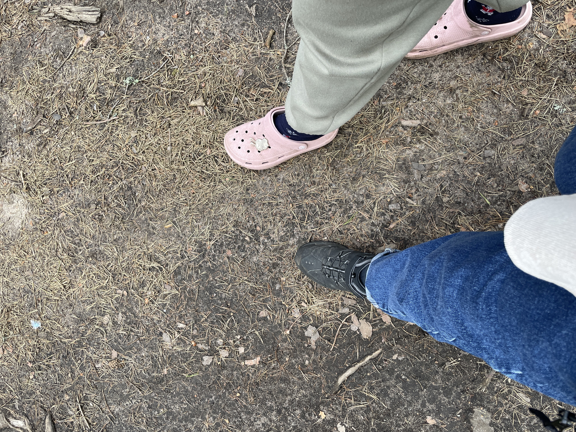 A ground-level shot captures two pairs of feet and legs standing on a forest floor covered in fallen pine needles and dirt. The upper left portion of the image shows legs clad in light green pants and feet wearing pink Crocs adorned with a flower embellishment. Below and to the right, legs dressed in blue jeans and feet sporting black hiking shoes are visible. The background consists solely of the forest floor and scattered debris. The location is unknown.