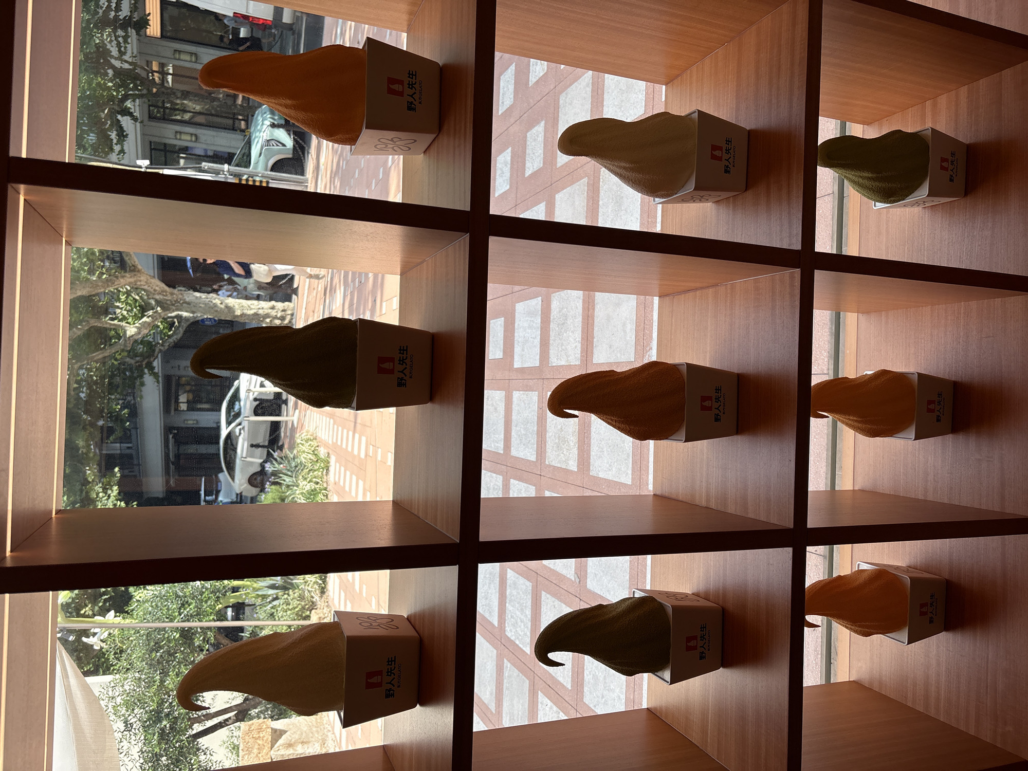 A multi-tiered wooden display shelf holds numerous ice cream cones shaped like soft-serve, in various colors including yellow, green, and orange. Each cone is presented in a white paper cup with a logo that appears to be in Chinese characters. The display is positioned in front of a large window, revealing a street scene outside in Xuhui District, China. Through the window, cars, trees, and people are visible, suggesting an urban environment. The lighting suggests it is daytime, with sunlight filtering through the window and illuminating the ice cream cones. The overall setting appears to be a storefront or cafe.