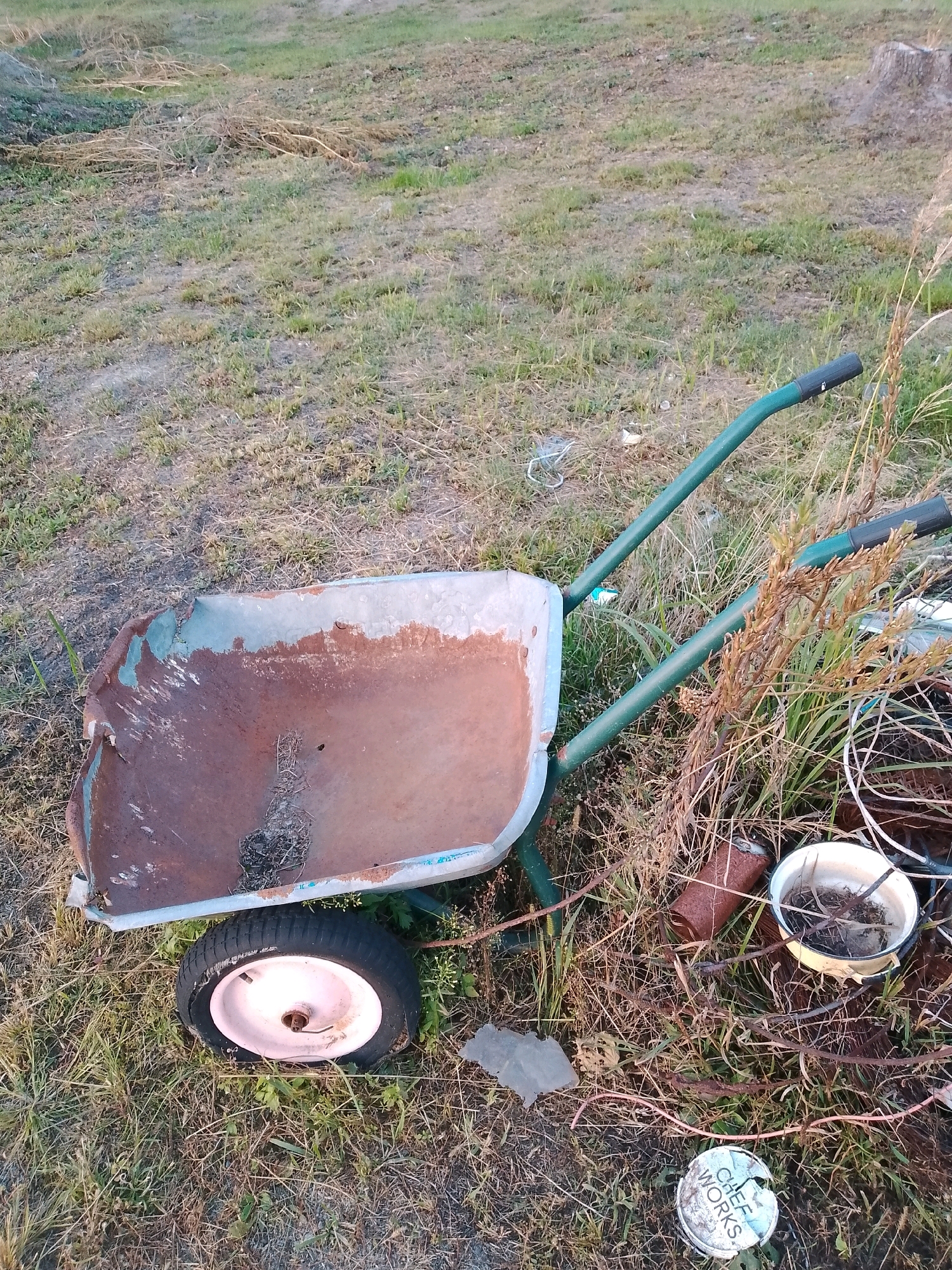 A rusty, weathered wheelbarrow with green handles sits on a grassy, unkempt area. The wheelbarrow's metal basin is heavily corroded with patches of its original light blue paint still visible. A single black tire with a light-colored rim is attached to the front. The ground around the wheelbarrow is covered in dry grass, weeds, and some scattered debris, including a rusty can and a small white container with the partially visible text "CHEF WORKS". The scene suggests an outdoor, rural or overgrown yard setting. There are no people or animals present in the image. The lighting indicates it may be late afternoon or early morning.