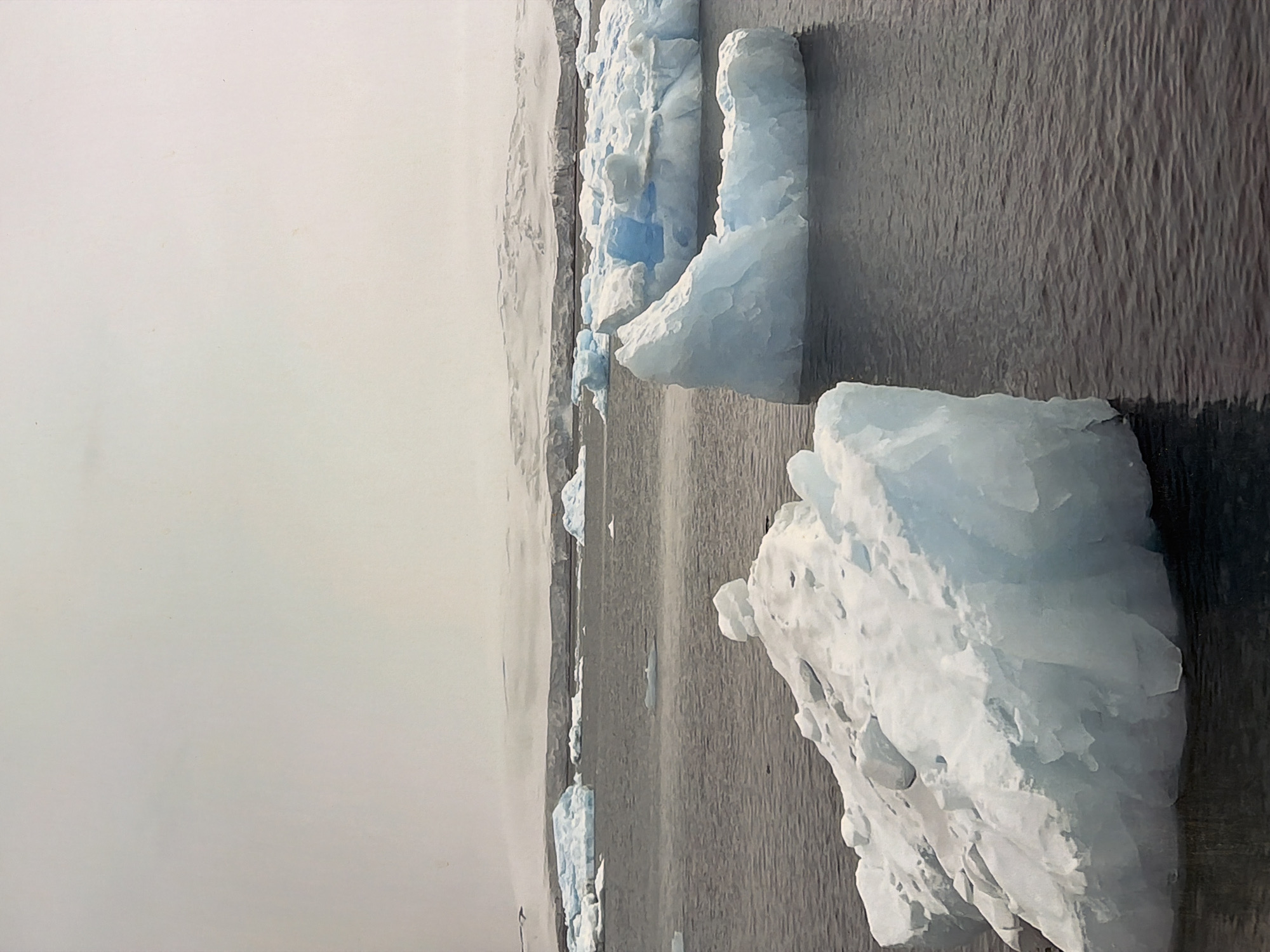 The image depicts a glacial landscape under an overcast sky. In the foreground, a large, irregularly shaped iceberg with a rough, textured surface and bluish hues is partially submerged in dark, rippling water. To the right and further back, other icebergs of varying sizes are scattered across the water, some appearing more rounded and smooth. In the distance, a snow-covered landmass or glacier forms the horizon, with a muted, hazy sky above. No people or man-made structures are visible. The scene is entirely natural and evokes a cold, remote environment. The image has no relation to the city of Sofia, Bulgaria.