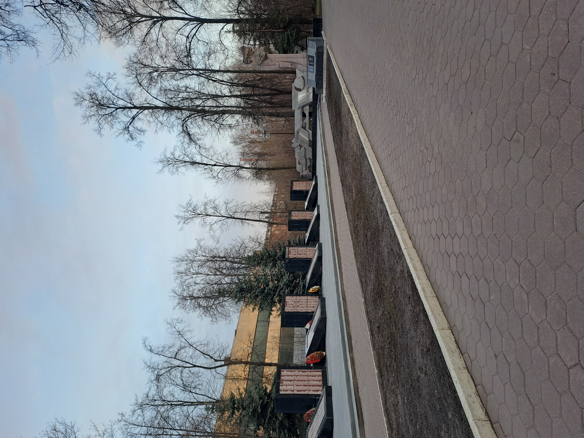 This image depicts a section of the Glory Alley Memorial in Elektrostal, Russia. The memorial consists of a paved walkway lined with black granite plaques, each bearing inscriptions (possibly names or details about individuals). Some plaques have flowers or wreaths placed on them. To the left of the plaques is a strip of dark soil, followed by a wall with alternating dark and light panels. Above the wall are trees with bare branches reaching into a cloudy sky. In the background, there is a monument with sculptures on it. The walkway itself is paved with interlocking hexagonal bricks.