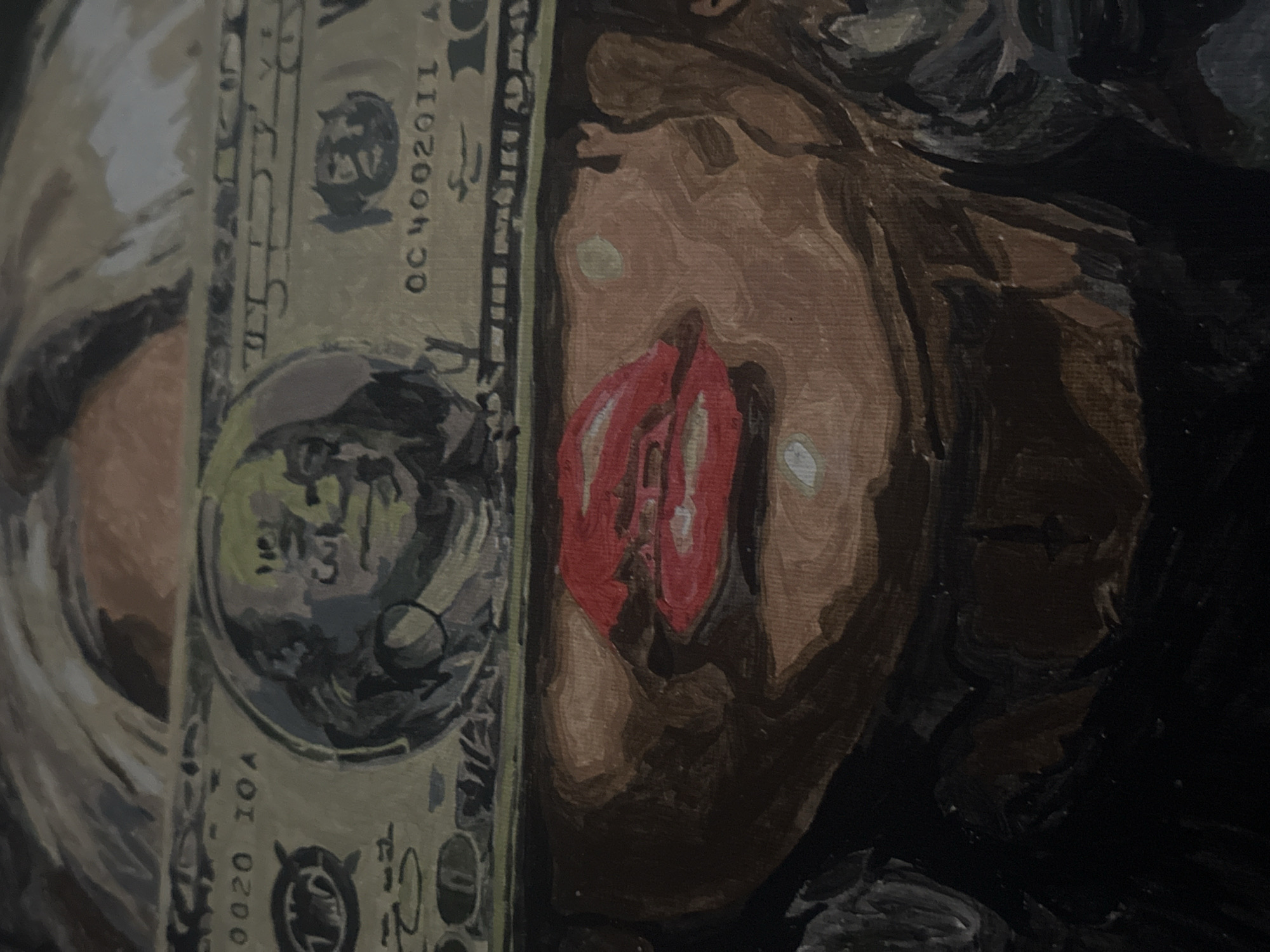 The image is a close-up painting, characterized by broad, visible brushstrokes and a muted color palette. The central focus is a stylized human figure, likely a woman, with prominent, vividly red lips. The figure's skin is rendered in various shades of brown and beige, and dark tones suggest hair or shadowed areas around the face or body.
Juxtaposed along the left side of the canvas is a vertical depiction of a U.S. dollar bill, specifically a twenty-dollar bill. Observable details on the bill include a stylized portrait resembling Andrew Jackson and partial text that reads "TWENTY DOLLARS." Distinct elements of the serial numbers are visible: "OC4002011" near the top right, and "0020 J0A" (or similar, like "IOA") near the bottom left. The painting's composition creates an interplay between currency and human form, hinting at thematic connections. The overall impression is one of symbolic representation rather than a literal scene or event. The time of day and location are not discernible.