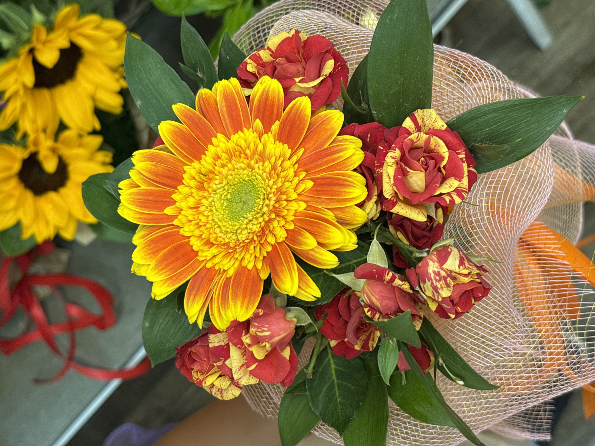 The image shows a bouquet of flowers. Prominently featured is a large gerbera daisy with orange and yellow petals and a green center. Several red and yellow roses surround the daisy. Green leaves are interspersed throughout the arrangement. The bouquet is wrapped in a light pink mesh material. In the background, partially visible, are yellow sunflowers with red ribbon. The location is assumed to be in Pleven, Bulgaria, though there is no explicit indicator in the image.