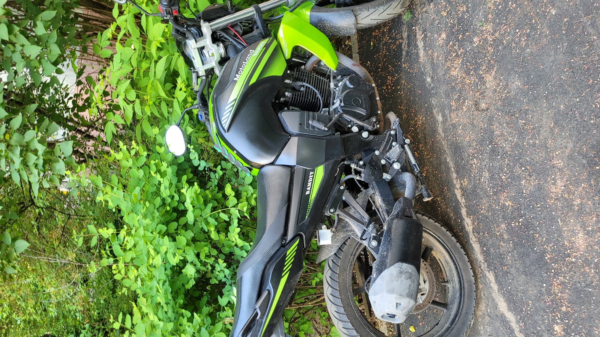The image depicts a black and green "Motoland Bandit" motorcycle parked partially off the edge of a paved surface, with the front wheel and exhaust resting on the asphalt. The rear of the motorcycle is situated in a dense patch of green foliage. The asphalt surface is dark and covered with small debris or leaf litter. The location appears to be outdoors, possibly near a sidewalk or roadside, within a city. The specific city and location are "Unknown, Unknown."