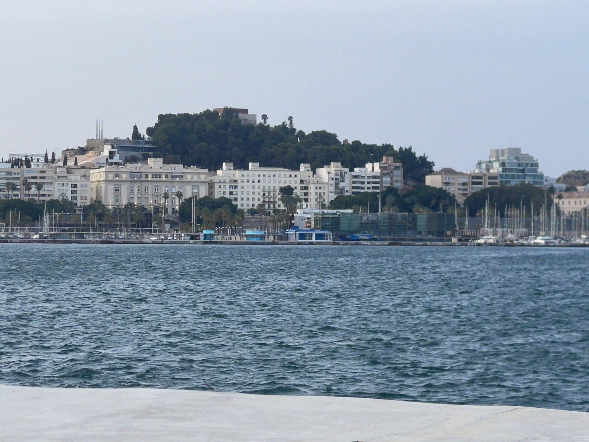 The image shows a cityscape on the coast of Cartagena, Spain. The foreground is dominated by the choppy, dark blue water of the harbor, with a light-colored concrete structure partially visible in the bottom left corner. Across the water, a dense line of buildings forms the city skyline.
To the left, there are several modern, multi-story apartment buildings with white facades and numerous windows. Behind them, on a hill, are more buildings, some with red-tiled roofs, and a prominent green expanse of trees. On the far left, a tall, open structure, possibly a crane or part of a construction, is visible.
In the center of the image, a large, white, neoclassical building with arched windows stands prominently. To its right, a series of white buildings of varying heights are clustered together, with some trees interspersed. Further to the right, a distinctive modern building with a faceted, glass-like facade and a stepped design stands out. Beyond this, more buildings and the natural contour of a hill are visible.
The background is a pale, hazy sky. Along the waterfront, a row of boats, primarily sailboats with tall masts, are docked. There are also several smaller buildings, some with bright blue accents and white structures, along the quay. The overall impression is of a developed urban area situated along a coastline, with a mix of historical and modern architecture.