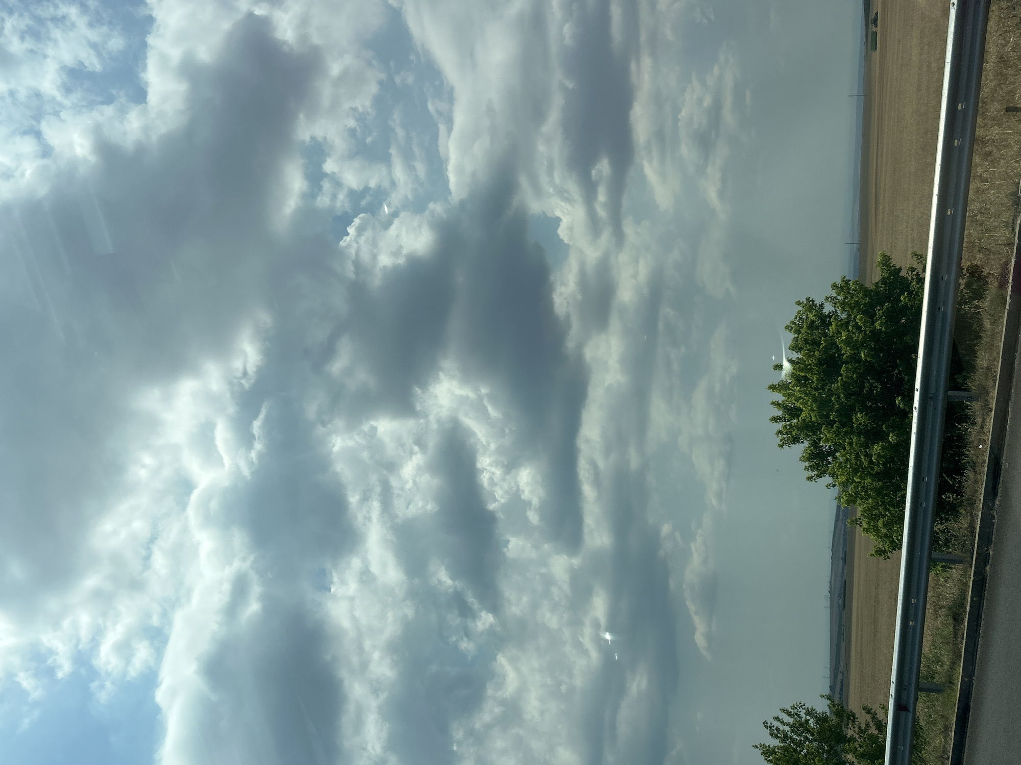 The image depicts a wide, open landscape under a cloudy sky. The foreground features a road or pathway with a silver metal guardrail running horizontally. Beyond the guardrail, a field of dry, golden grass stretches into the distance. Two trees with lush green foliage are visible, one on the left and a larger one in the center of the frame. In the far distance, a hazy horizon shows subtle signs of human activity, possibly including power lines or distant structures. The sky is filled with a mix of bright white and dark gray clouds, with patches of blue sky visible. The overall impression is one of a rural, possibly agricultural, setting.