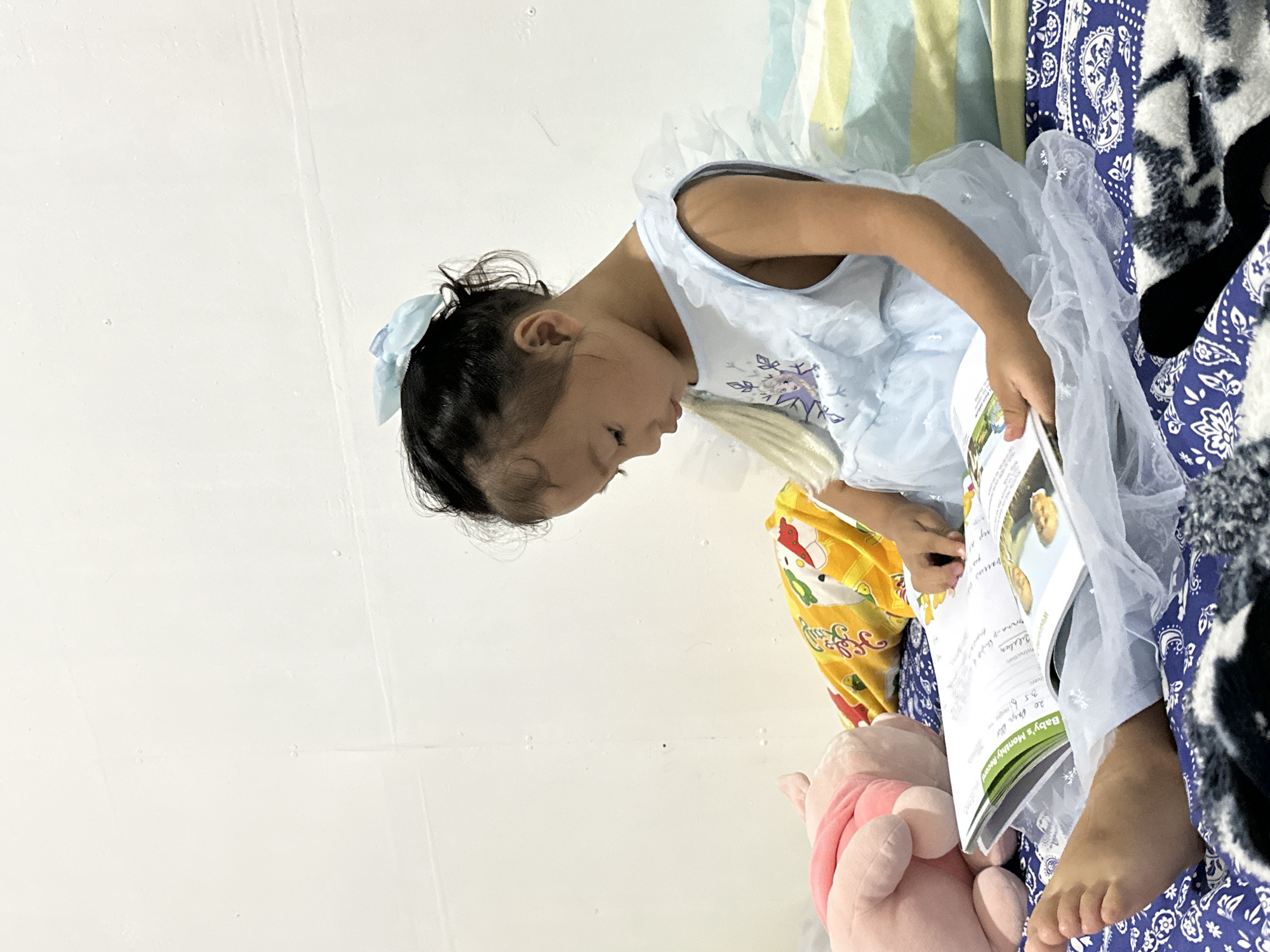 A young girl, dressed in a light blue princess-like outfit adorned with sparkly embellishments, is captured in an overhead shot. Her hair is pulled back, with a light blue bow accenting her ponytail. She is leaning over a book, her focus intently on its pages. The book appears to be a "Baby's Monthly Record" with visible text that includes dates and perhaps entries about a baby's development. A plush pink toy, possibly a Winnie the Pooh character, rests beside her.
The background suggests a domestic setting, with patterned blankets and pillows indicating a bed or a comfortable resting area. The lighting appears to be indoor, and the overall mood is one of quiet concentration and domestic bliss. The girl's posture and the presence of the baby record book suggest she might be participating in documenting a sibling's milestones or simply engrossed in the content of the book. The scene is set in Davao City, Philippines, though specific environmental cues like weather or time of day are not discernible from the image.