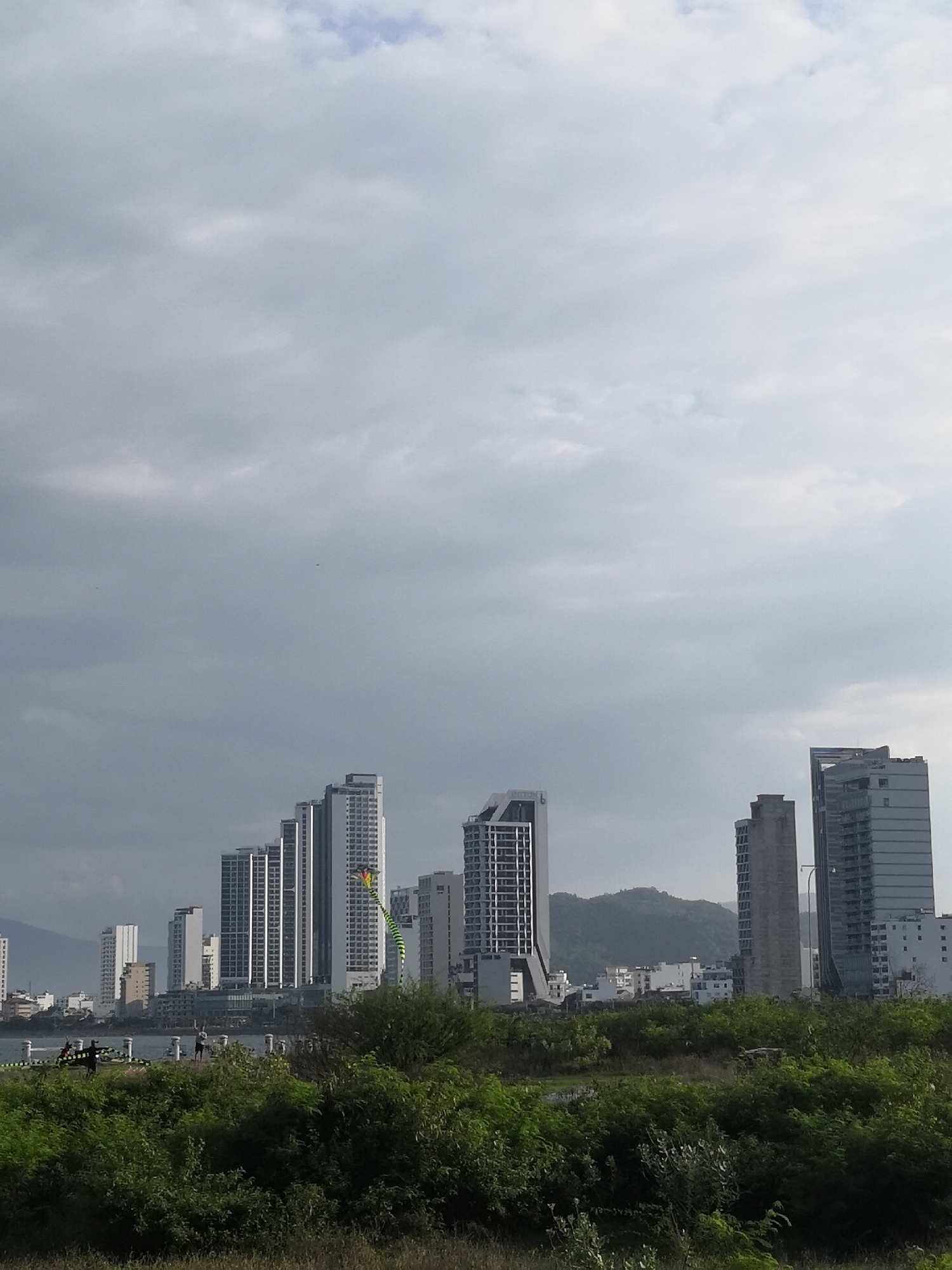 The image captures a cityscape in Bac Nha Trang Ward, Vietnam, under a uniformly overcast and cloudy sky. Numerous modern high-rise buildings, primarily white and light grey, form a prominent skyline in the mid-ground, extending along what appears to be a waterfront. A building on the far left of the city cluster displays "HILTON" branding on its upper facade. Hazy, dark green mountains are visible in the distant background, behind the urban structures.
A body of calm water, possibly a river or bay, separates the city from the foreground. Along the water's edge, a concrete pier or walkway is discernible, where several indistinct human figures are present. One figure appears to be interacting with a large, horizontal, green and black striped object on the ground, resembling a disassembled kite or its rigging. Directly above and slightly to the right of this ground object, a matching green and black striped kite with a yellow tip is airborne, flying high against the cloudy sky in front of the central high-rises. The immediate foreground consists of a dense, unmanicured expanse of green bushes and shrubbery, with some patches of drier, light brown earth visible towards the bottom of the frame. The sky occupies the upper two-thirds of the image, appearing a consistent light grey with minimal variation.