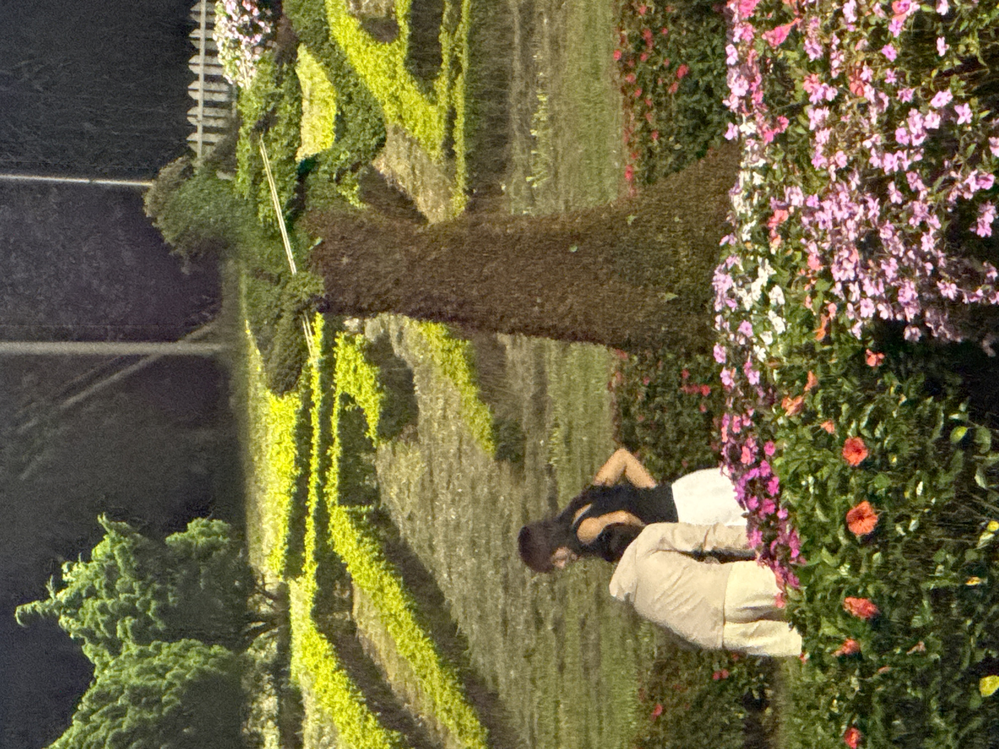 The image shows two people in a garden setting in Da Lat, Vietnam. The people are viewed from behind, with one person wearing a black top and the other a light-colored jacket. They appear to be interacting with a topiary sculpture that resembles a person. The garden is lush and green, with manicured hedges and flowering plants in shades of pink and red. The time of day appears to be evening or night, given the dark background and artificial lighting that seems to illuminate the scene. The overall mood is peaceful and serene, suggesting a leisurely stroll or a moment of quiet observation. The topiary is detailed and impressive, showcasing the artistry of garden design.