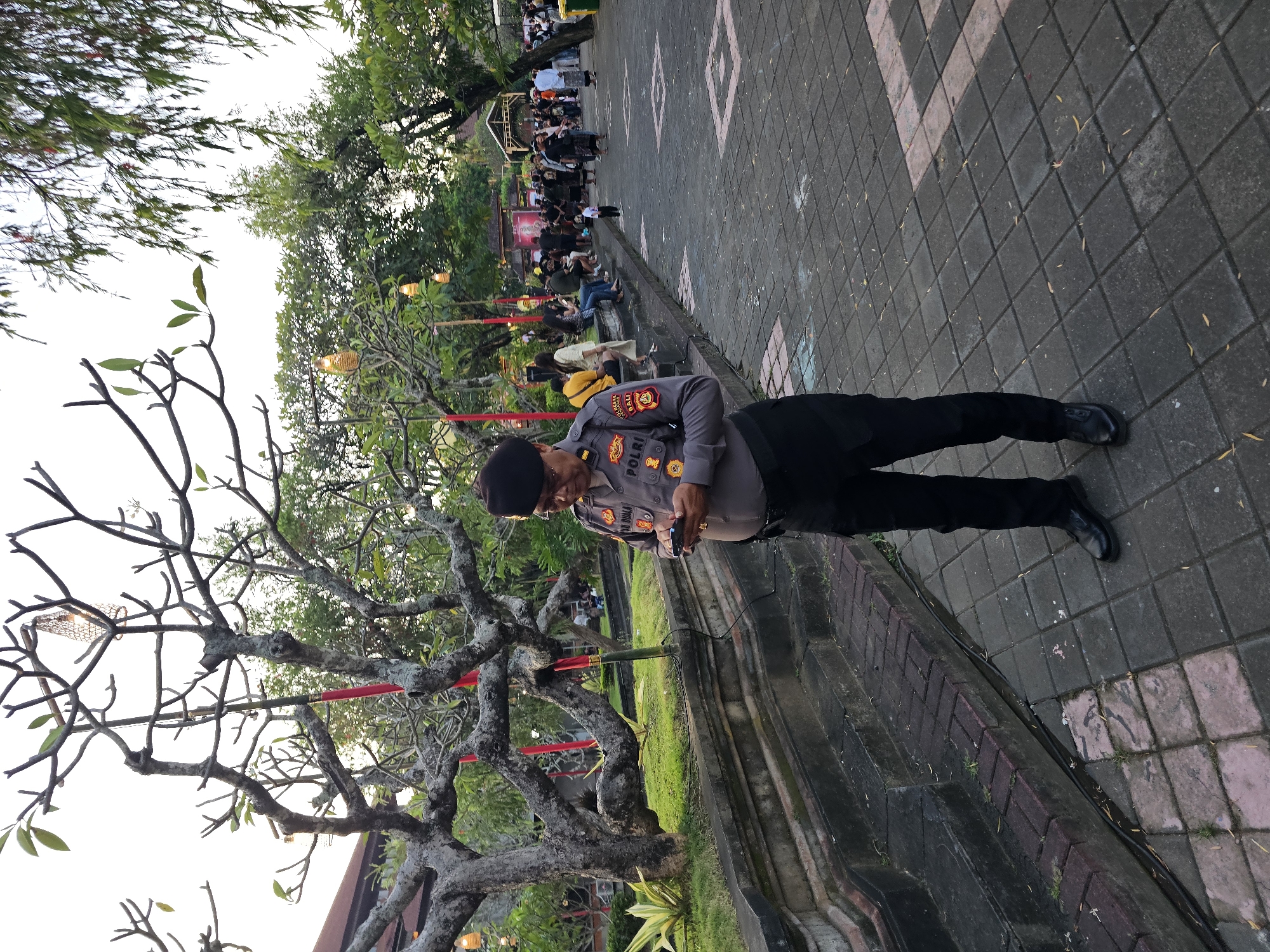 In Denpasar, Indonesia, a police officer in uniform stands on a paved walkway, looking down at a mobile phone in his hands. The officer wears a black beret, glasses, a gray shirt with patches that read "POLRI" and "BALI," and black pants. He is positioned in the foreground, slightly off-center to the right, with a large, gnarled tree with sparse leaves to his left. The background features a crowd of people gathered, some seated on steps and others standing, with various structures and trees visible. Decorative lights hang from some of the trees. The ground is a patterned pavement of gray and pinkish-red square tiles. Lush green grass borders the paved area and a stone ledge. The overall scene suggests an outdoor event or gathering in Denpasar.