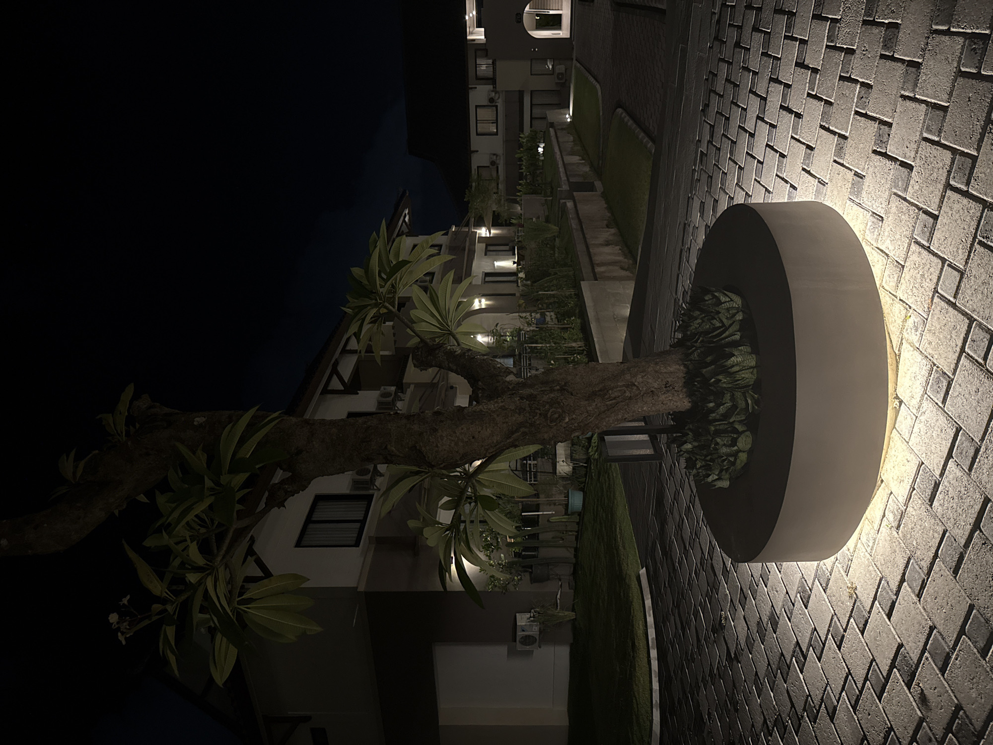 The image depicts an outdoor courtyard at night, likely part of a hotel or resort complex in Kuta Selatan, Indonesia. A large tree with sparse foliage is prominently featured in the foreground, planted in a circular raised planter. The planter is illuminated from below, casting a warm glow on the surrounding interlocking brick paving stones.
In the background, several modern, multi-story buildings are visible, with their windows and exterior lights on. These buildings appear to be designed with balconies or terraces, and air conditioning units are mounted on their facades. The architecture suggests a tropical, contemporary style.
The courtyard is well-maintained, with neatly manicured lawns and some potted plants visible along a raised planter box that separates the paved area from a grassy section. The overall atmosphere is serene and inviting, with the artificial lighting creating a dramatic effect against the dark night sky. There are no people or animals present in the scene. The ground is paved with light-colored bricks arranged in a patterned walkway. The sky is dark and devoid of stars.