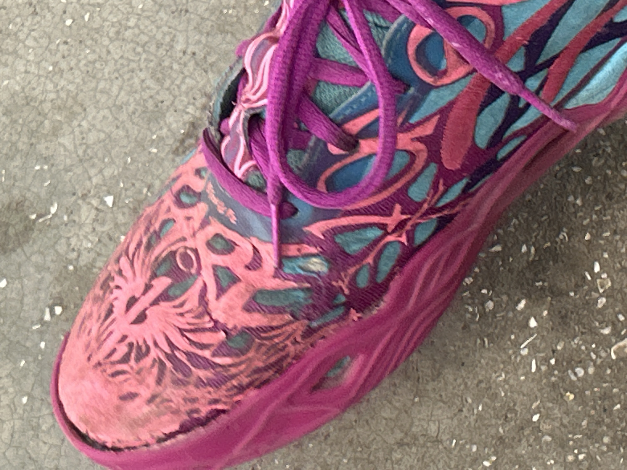 The image shows a close-up, overhead view of a pink and blue athletic shoe with a complex graphic design. The shoe has purple laces. The shoe is resting on a textured, gray surface that appears to be concrete. There are small white and gray flecks scattered across the surface. The image does not provide any information about the location in the city of Santa Ana, Venezuela.