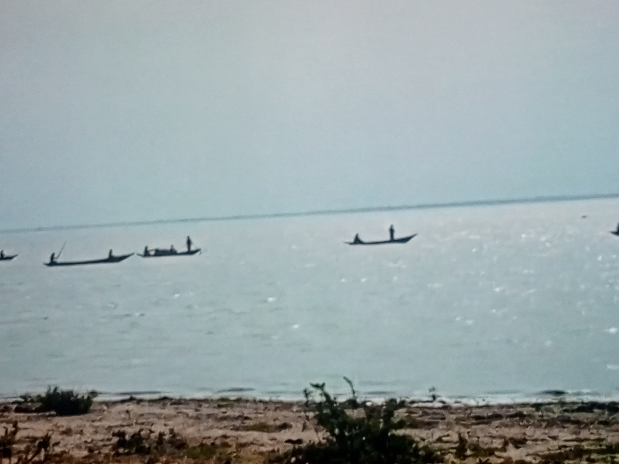 The image depicts a calm, pale blue body of water with several small, dark boats scattered across it. The boats appear to be of a traditional design, likely used for fishing or transport. Each boat contains a few silhouetted figures, suggesting human activity on the water. The water surface is lightly rippled, indicating a gentle breeze. In the foreground, there is a shoreline with sparse, dry vegetation and rocky terrain. The sky is a uniform, hazy light blue, merging with the horizon without a distinct line. The overall impression is one of a serene, natural landscape.