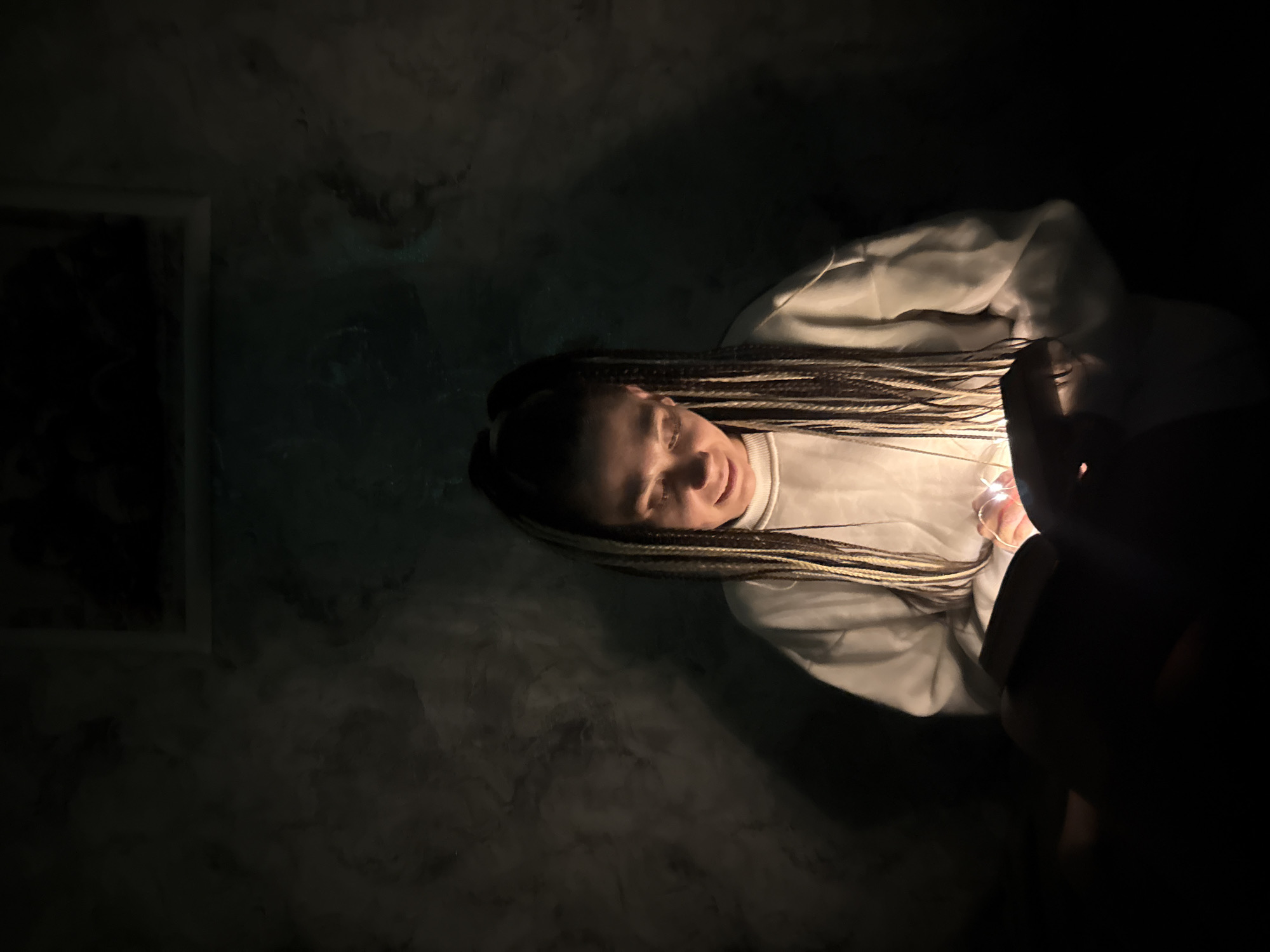 A woman with braided hair is illuminated by warm, faint light in a dimly lit, possibly indoor space in Unknown, Unknown. She is wearing a light-colored sweatshirt. There is a picture frame on the left side of the image. The background has a textured or marbled appearance. A dark, silhouetted figure is partially visible on the right.