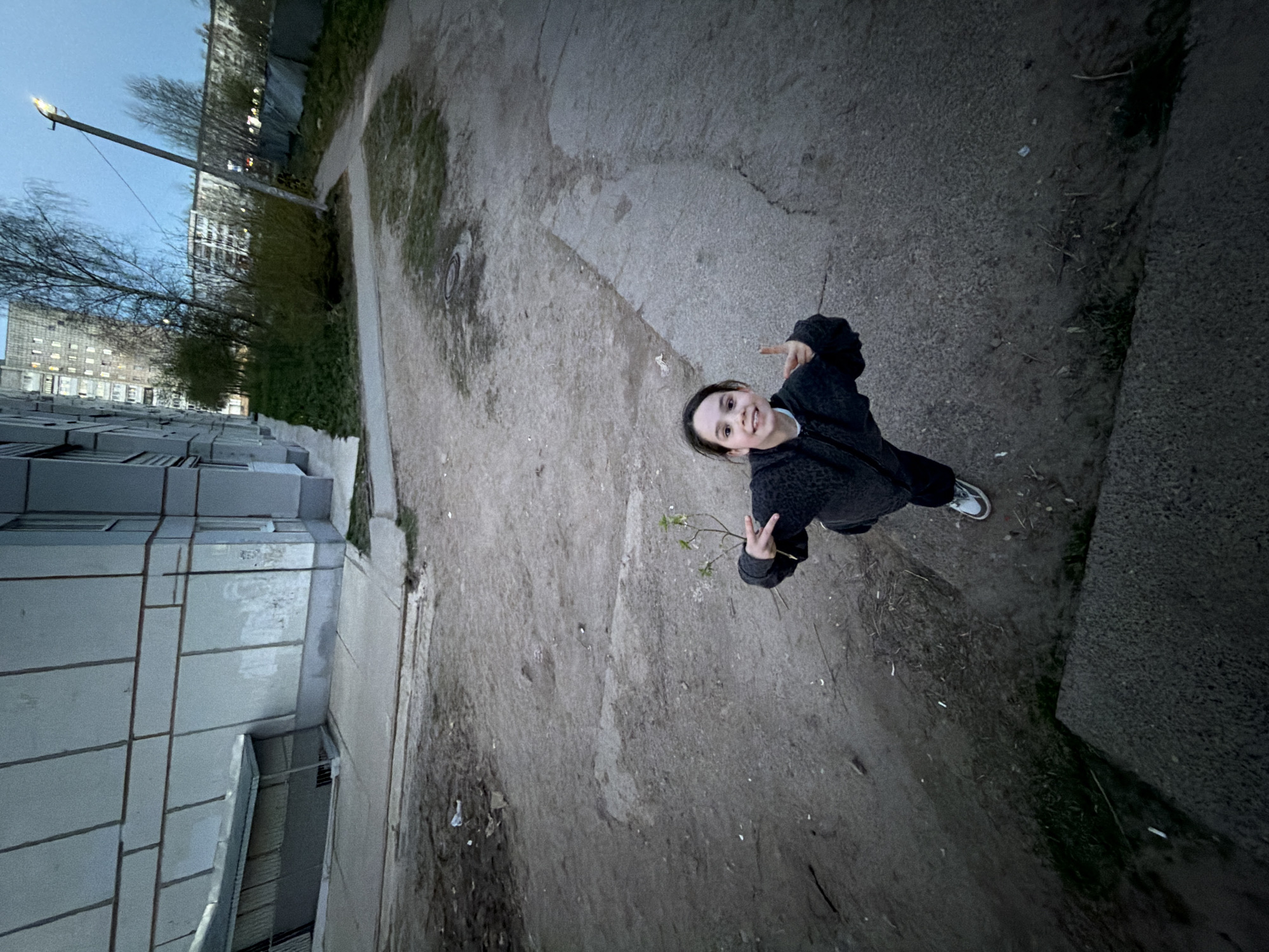 A young person stands on a concrete path in the city of Chaikovsky, Russia, facing the camera, gesturing with a peace sign in one hand and holding a small leafy branch in the other. The path is surrounded by patches of dirt and some sparse vegetation. To the left of the path, a block of grey buildings is visible, and beyond that, trees and a street lamp are visible. The sky appears to be dusk or early evening. The scene is lit by artificial lights as well as the fading daylight.