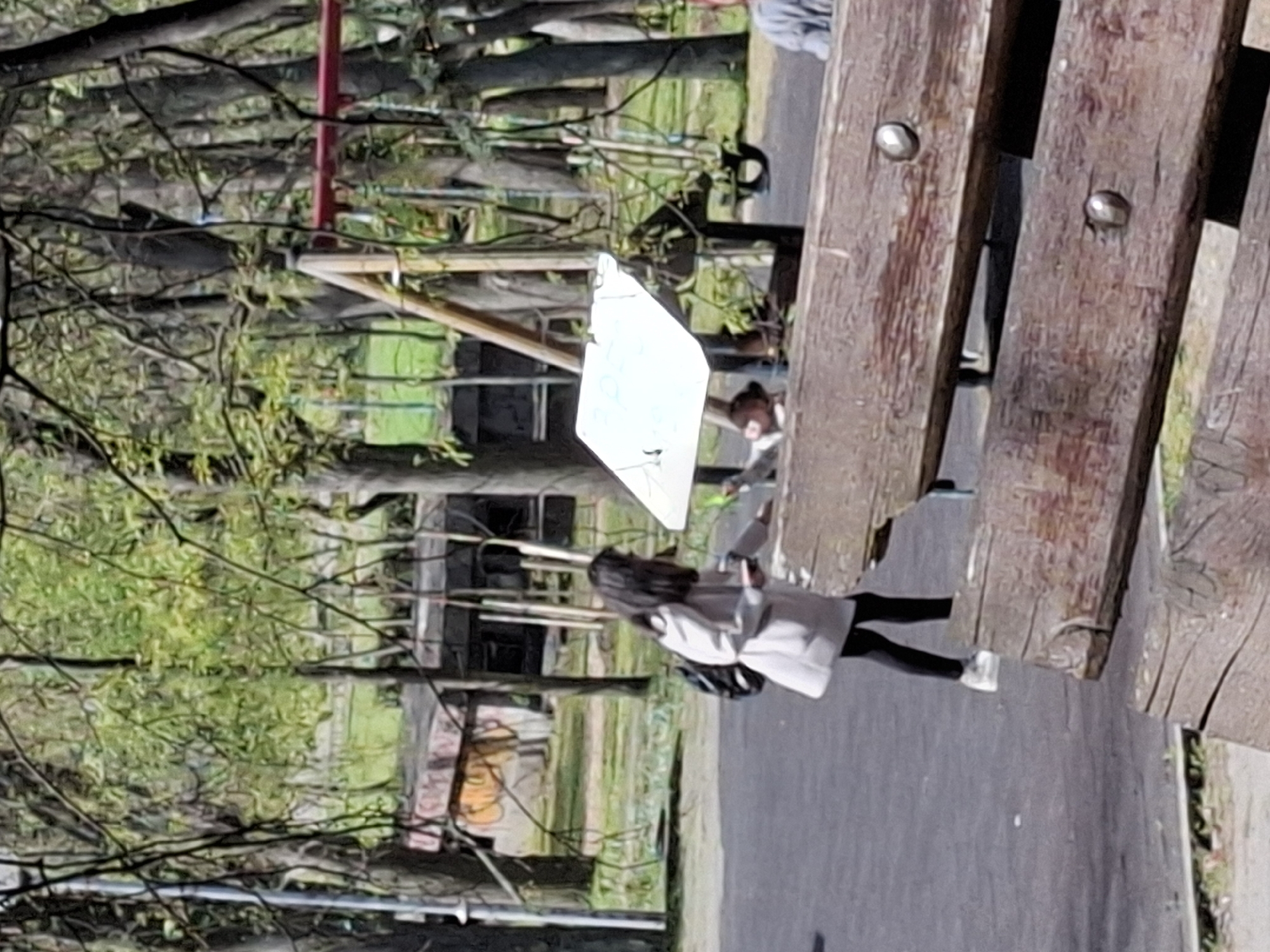 The image captures an outdoor scene, likely in a park or a public green area. The perspective is slightly elevated, looking towards a paved path and surrounding greenery.
Two individuals are visible. In the foreground, slightly to the left, a person with long dark hair is wearing a light-colored (possibly off-white or light grey) coat or jacket over dark leggings and dark shoes. They are walking away from the camera on a paved path, carrying a black shoulder bag, with their head slightly turned. To their right, partially obscured by a bright white rectangular object, is another person with dark hair, wearing a dark top. This individual appears to be stooping or looking down, possibly interacting with the white object. A third, very indistinct figure in a light grey top is visible further in the background.
A prominent wooden bench or railing, constructed from thick planks with visible metal studs, occupies the upper right portion of the frame. The background is filled with numerous trees, some with bare branches and others with lush green foliage, suggesting a transitional season. Beyond the trees, glimpses of other structures, possibly part of a playground with red and wooden elements, can be seen. A paved path or asphalt surface stretches across the lower part of the image.
The scene appears to depict a casual daytime activity, with the individuals walking or standing in the park. The strong sunlight and clear illumination indicate bright weather conditions. No specific emotions are discernible from the individuals. There is no visible text anywhere in the image, including on the white rectangular object. While the external context places this scene in Plovdiv, Bulgaria, no specific landmarks or cues within the image confirm this location. The overall image quality is somewhat soft.