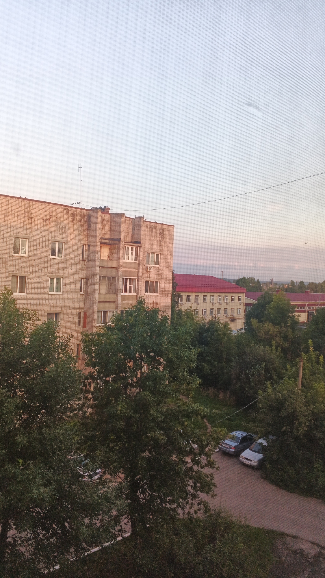 This image, taken from a high vantage point, captures a segment of a city in Izhevsk, Russia, likely during the late afternoon or early evening. The scene is dominated by a light grey sky with a faint gradient towards a lighter hue near the horizon, indicating either dawn or dusk. A prominent apartment building, constructed with light-colored bricks, stands to the left, featuring multiple floors with numerous windows. Several trees with dense green foliage are situated in the foreground and mid-ground, partially obscuring the lower sections of the buildings and the street.
Beyond the brick apartment building, a larger building with a red tiled roof is visible, characterized by its uniform rows of windows. The architecture suggests a communal or institutional building. A paved area, possibly a parking lot or courtyard, is present near the street level, where two cars are parked: a light blue sedan and a silver sedan. The ground is covered with patterned paving stones. The overall environment appears to be residential, with a mix of urban structures and natural greenery. There are no people visible in the frame. The image seems to be taken through a screen or a window with a visible grid pattern superimposed on the scene.