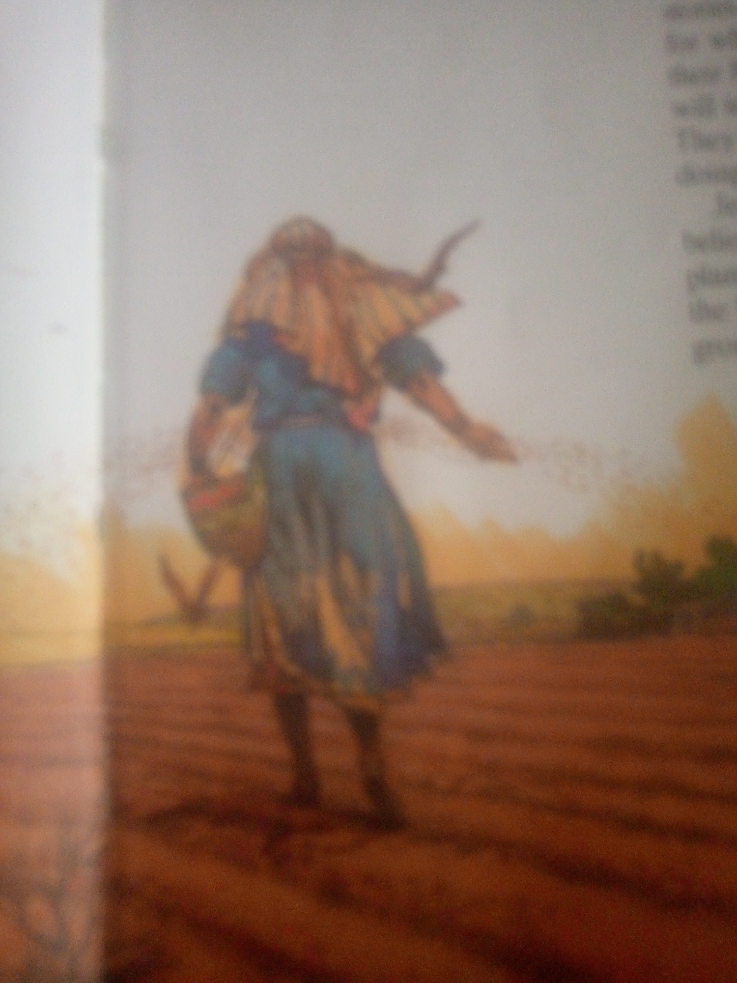 The image depicts a person, likely a farmer, in a field, scattering seeds. The person is wearing a blue garment and a head covering that appears to be made of a light-colored fabric. They are seen from behind, with their right arm extended and in the motion of sowing. A basket is hanging from their left arm. The ground in front of them appears to be tilled soil, with rows visible. In the background, there is a blurred landscape with some greenery and a light-colored sky. The image is somewhat blurry, making it difficult to discern fine details. The question of location in Jauro Yinu, Nigeria is not addressed by the visual information in the image.