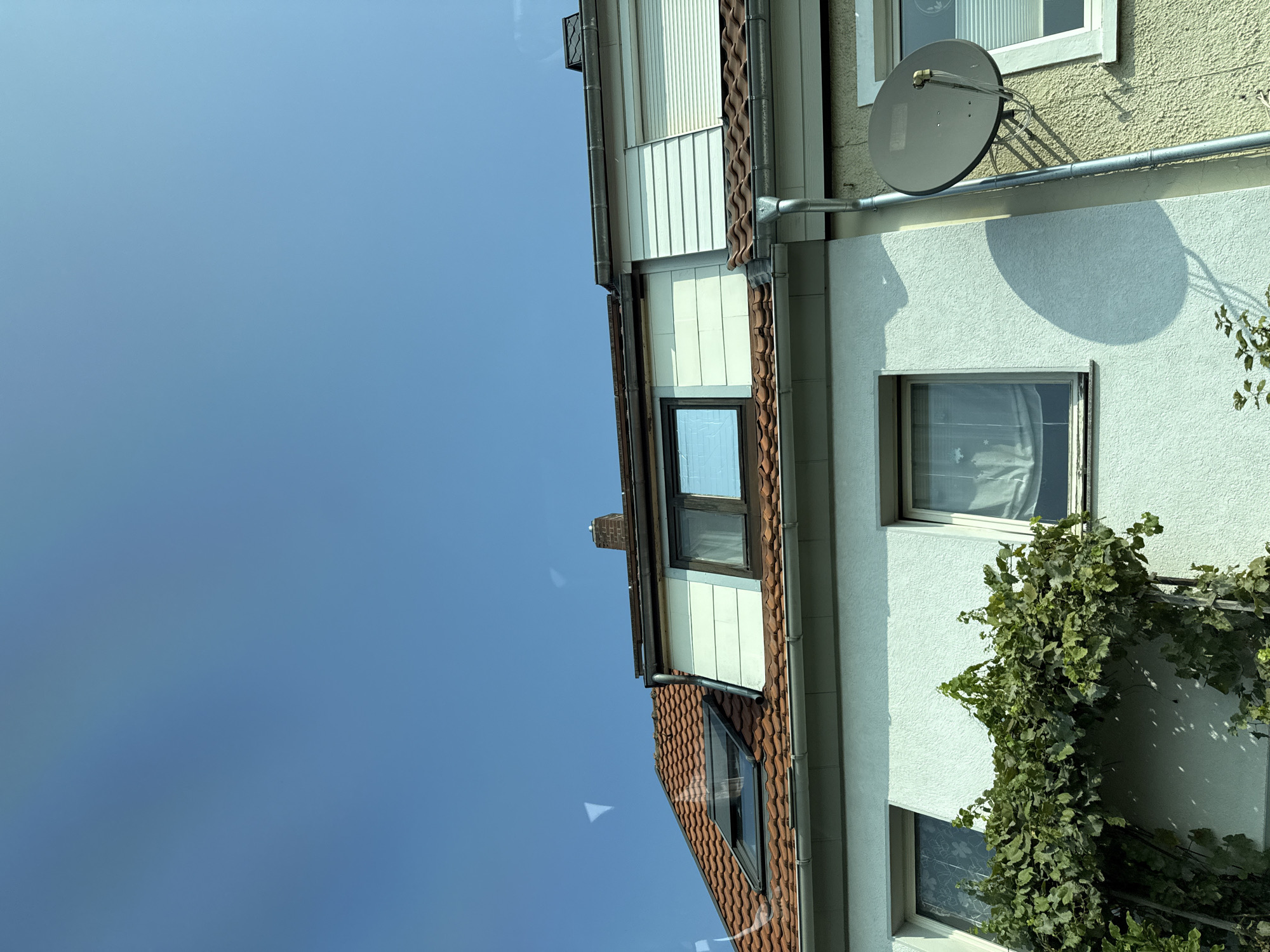 A clear blue sky occupies the upper portion of the image, with several triangular reflections visible. Below the sky, the roofline of a two-story building is visible, featuring red tile roofing and a dormer window with a dark frame. To the right of the dormer, a chimney made of red bricks rises above the roof.
The building's facade is light blue on the left side, with two windows visible. Lush green vines are growing over the left window, creating a canopy effect. The right side of the building has a textured yellow facade, with a satellite dish mounted on the wall next to a downspout. Two windows are visible on this side, one with a rolled-down shutter. The windows on both sides of the building have white curtains.
The image appears to be taken from a street-level perspective, looking upwards at the building. The overall scene suggests a residential building in a European city, possibly in Bad Sachsa, Germany, given the architectural style and presence of a satellite dish. The lighting indicates it is daytime, with bright sunlight casting shadows.