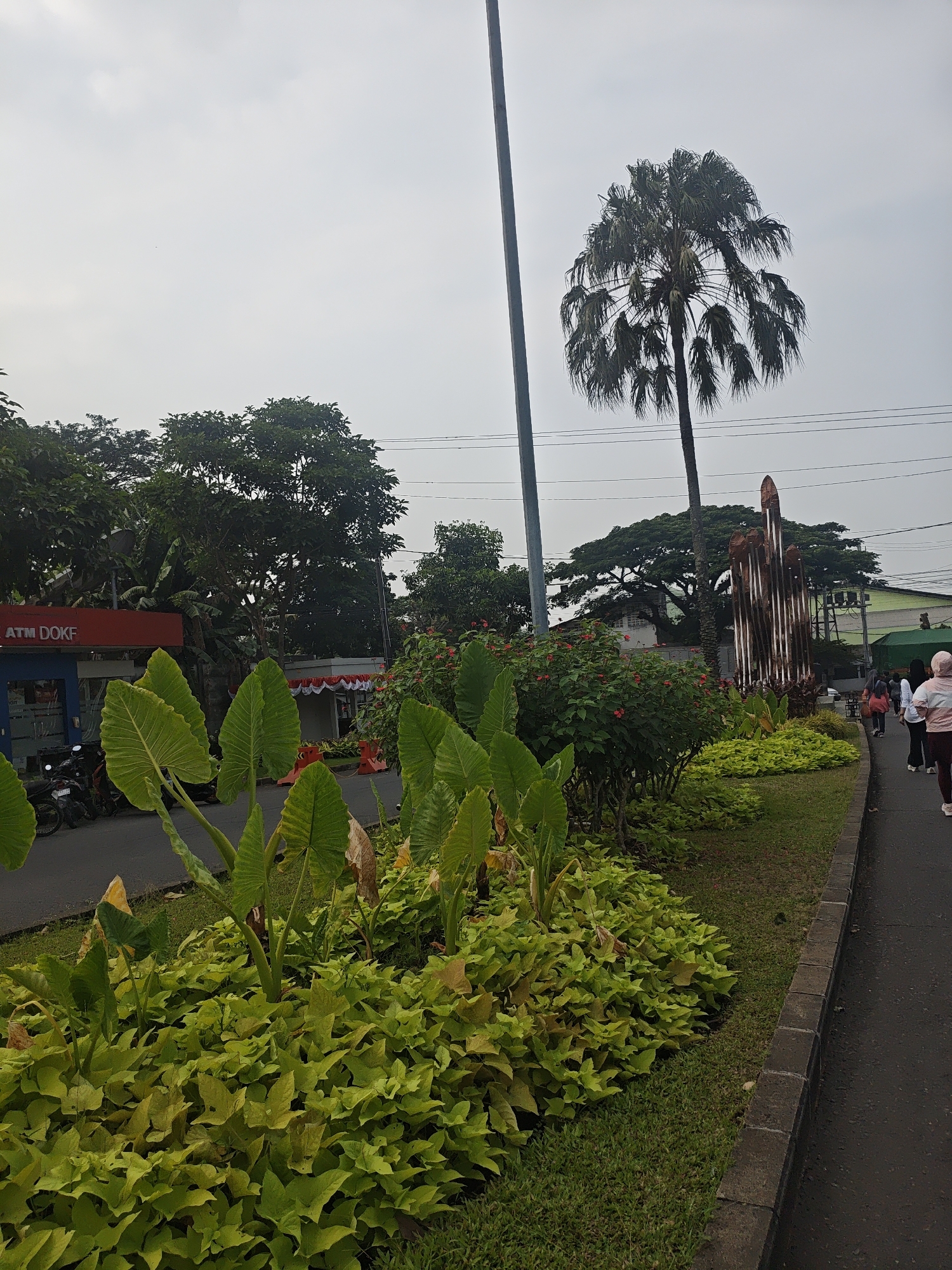 The image depicts a street scene in Bacin, Indonesia, on an overcast day. In the foreground, lush green vegetation, including large-leafed plants and ground cover, lines a paved sidewalk. Beyond the greenery, a street is visible with parked motorcycles and a red and blue ATM building. Further back, a large palm tree stands tall against the cloudy sky, accompanied by other trees and a unique metallic sculpture. Several individuals are seen walking along the sidewalk, some appearing to be engaged in leisurely activity. The environment suggests a well-maintained urban area with ample greenery.