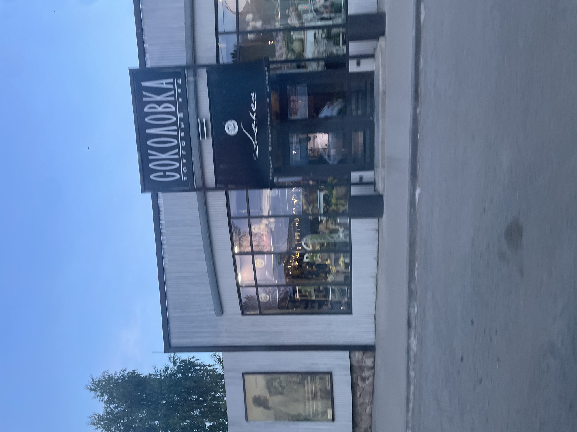 The image depicts a store facade on a street in Votkinsk, Russia. The building is modern with a light-colored, ribbed exterior. Above the entrance, a sign reads "СОКОЛОВКА" in large white Cyrillic letters. Below this, a smaller sign says "ТОРГОВЫЙ РЯД". A black awning over the entrance features a logo and the word "Lotos" in cursive. Large windows display merchandise inside, suggesting it is a retail establishment. To the left of the entrance, a large framed poster of a woman is mounted on the wall. The street in front of the building is paved and appears to be a roadway, with a curb separating it from the building's walkway. The sky above is a pale blue, indicating either dawn or dusk. A few trees are visible to the left of the building. No people are clearly visible or engaged in any specific actions.