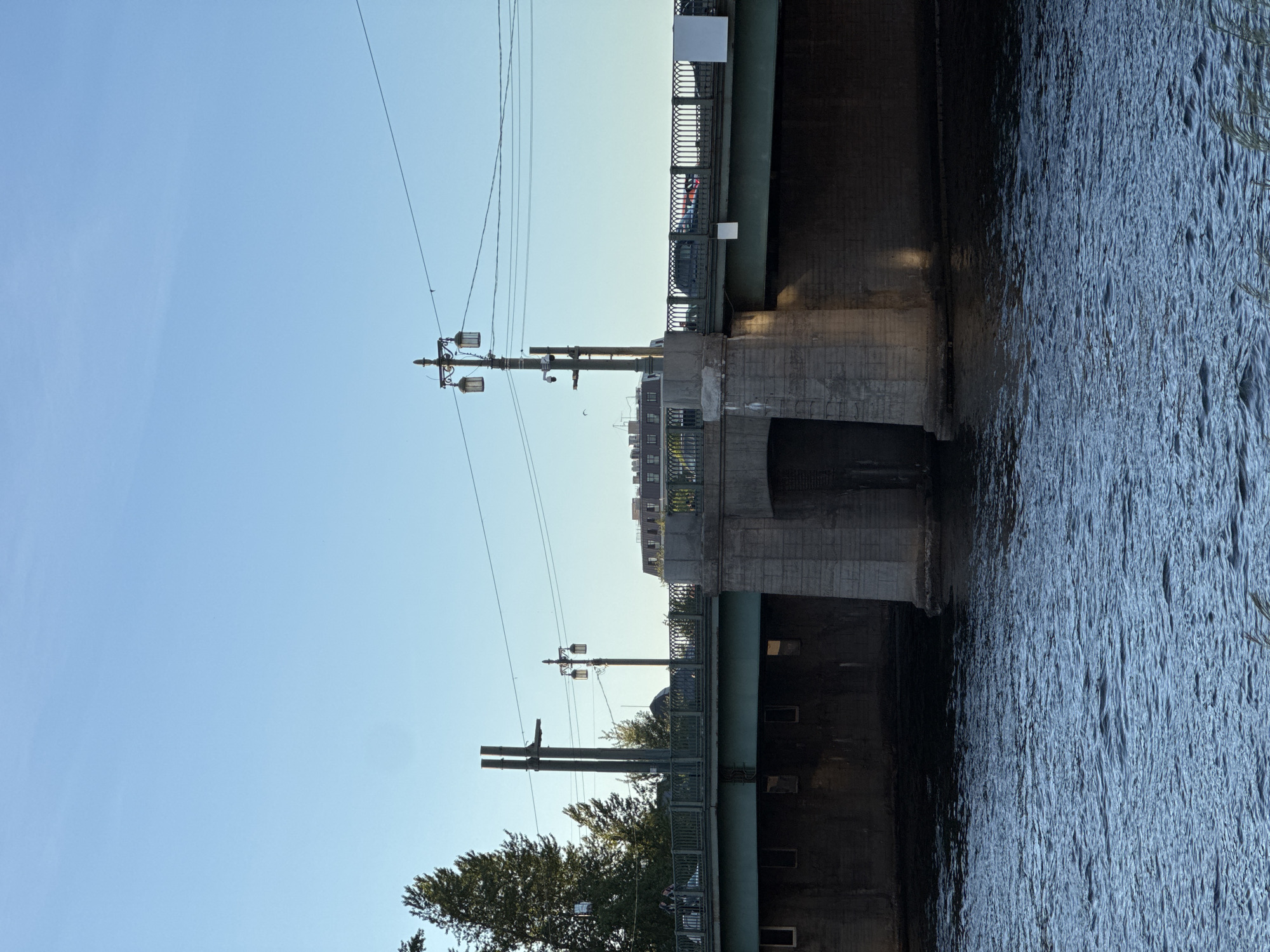 A wide, multi-span bridge made of stone and metal crosses a body of water. The bridge's structure is supported by large stone pillars on either side of a central archway. The roadway of the bridge is lined with decorative metal railings and street lamps. Trees and buildings are visible beyond the bridge, under a clear blue sky. The water below is dark and rippled, reflecting the shadows of the bridge.