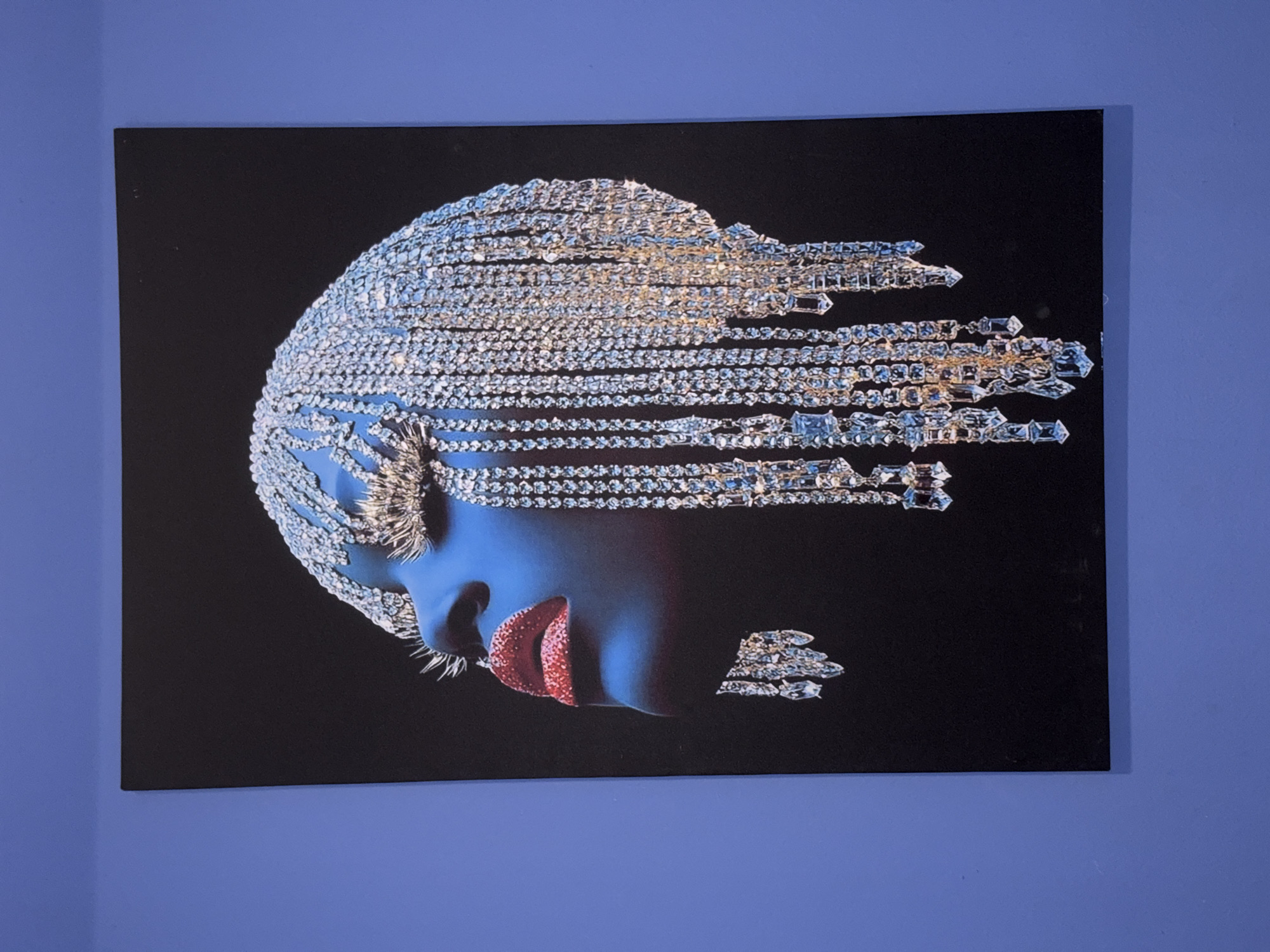 This media file captures a photograph of a striking piece of artwork, likely a canvas print, displayed on a wall in Varna, Bulgaria. The artwork presents a stylized profile of a woman's head against a solid black background. Her skin is depicted in a deep blue or indigo tone, complemented by vibrant, sparkling red lips that appear textured with glitter or small crystals. Her eyes are closed or partially obscured by prominent, metallic-looking lashes.
The most distinctive feature is her 'hair,' which is rendered as an intricate cascade of numerous elongated, shimmering elements resembling diamonds, crystals, or rhinestones. These crystalline strands extend horizontally to the right, creating a dynamic, almost wind-swept or dissolving effect. Below and to the right of her face, additional fragmented crystal pieces suggest a sense of artistic deconstruction or motion.
The artwork is mounted on a plain wall painted in a muted blue-purple or periwinkle color. The photograph itself captures the print slightly off-center, with portions of the surrounding wall visible, providing context to its display in an indoor setting. No discernible activity is taking place, as it is a static image of an artwork. There is no visible text within the artwork or the surrounding environment.