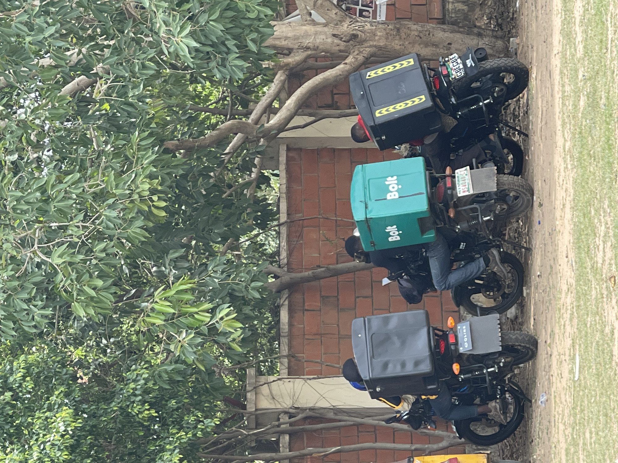 Three delivery motorcycles are parked in an outdoor setting, likely a street or parking area, surrounded by lush green trees and a brick building. The image is taken from a slightly elevated perspective, looking down at the vehicles and their riders.
Each motorcycle is equipped with a large delivery box on its rear rack. The topmost visible motorcycle has a black delivery box with yellow chevron-like reflective markings. The middle motorcycle features a prominent teal-colored box with the "Bolt" logo clearly visible in white text. The bottommost motorcycle has a plain dark grey or black delivery box.
At least three individuals, presumably delivery riders, are seated on their respective motorcycles. They are mostly obscured by their bikes and the large delivery boxes, with only glimpses of their legs, clothing, and helmets visible. The rider on the top motorcycle wears a red garment, while the other two wear blue jeans.
Visible license plates confirm the Nigerian context, despite the image orientation. The top motorcycle has a white plate with black text "G86GBE". The middle motorcycle has a green plate with white text "QKJ75AY". The bottom motorcycle displays a green plate with "Q-17075A" and "LAGOS" printed below the number. The license plate holder for the bottom motorcycle also has "Q-LINE" inscribed on it.
In the background, a brick wall or building structure can be seen, partially covered by the dense foliage of the surrounding trees. The ground beneath the motorcycles is a mix of dirt and sparse patches of green grass. The scene is illuminated by natural light, suggesting it is daytime. The motorcycles appear to be idle, with the riders possibly waiting for orders or on a break.
