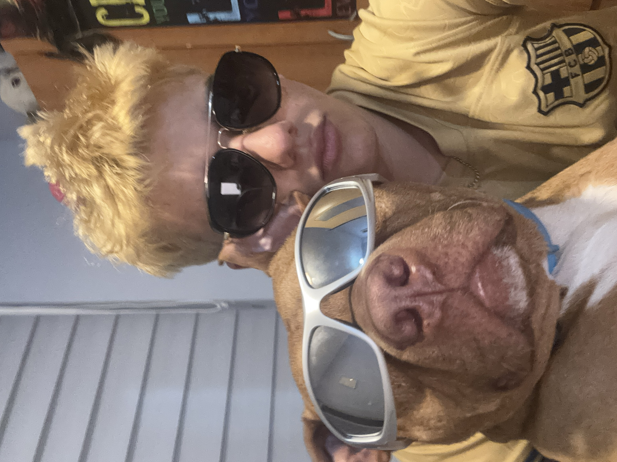 A person with blonde hair wearing sunglasses is lying down next to a brown dog wearing sunglasses. The person is wearing a yellow shirt with the FCB logo. The dog is wearing a blue collar. There is a metal grate in the background. There is not enough information to determine the location in Sofia, Bulgaria.