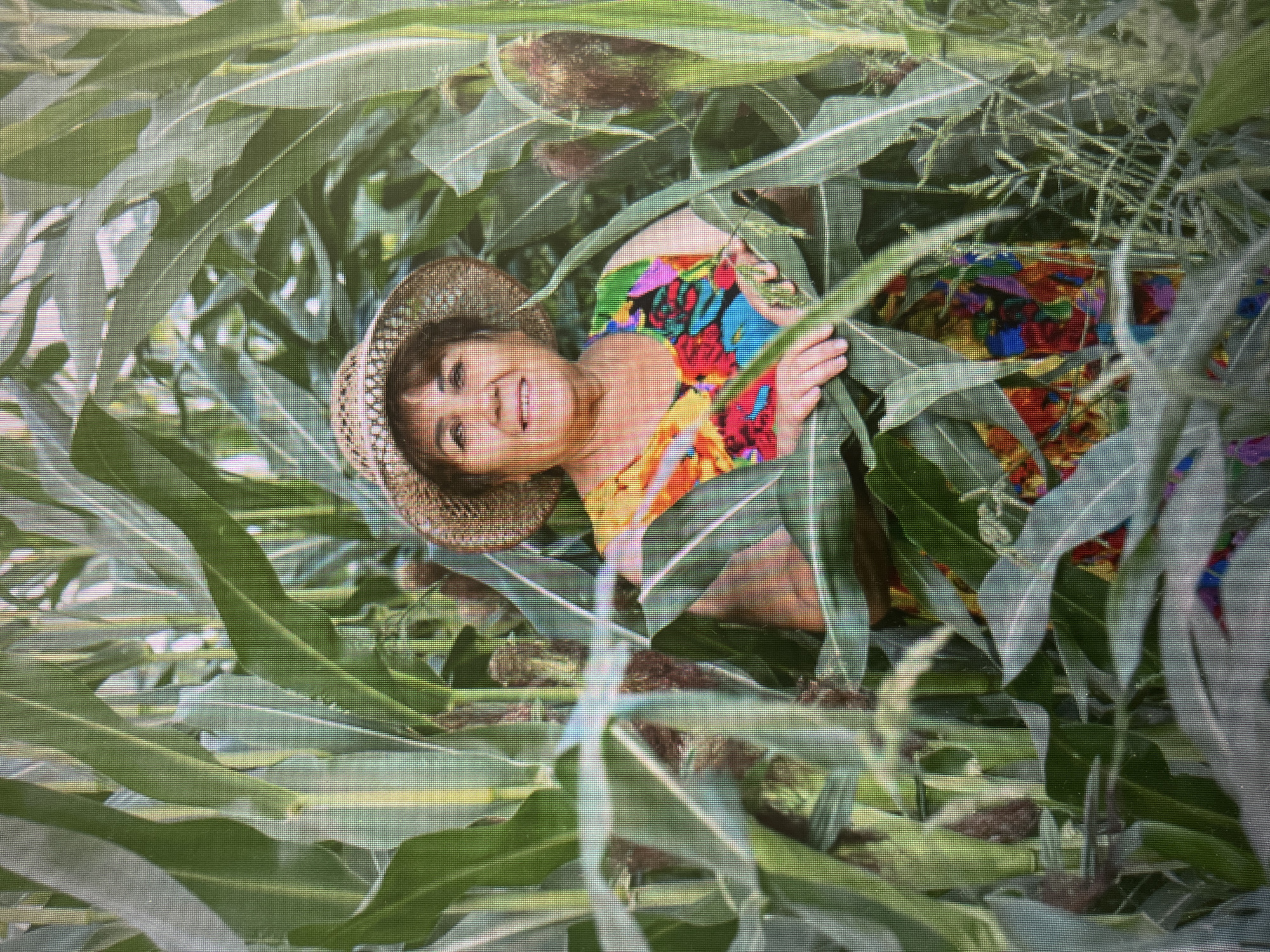 A middle-aged woman with brown hair and a straw hat stands in a cornfield. She is wearing a colorful, sleeveless dress with a floral pattern. Her hands are resting on the corn stalks. The corn stalks are tall and green, creating a natural frame around the woman. The lighting suggests it is daytime, possibly late afternoon, with sunlight filtering through the leaves. The image appears to be a posed portrait. There is no indication of the city of Izhevsk, Russia, in the visual information provided.